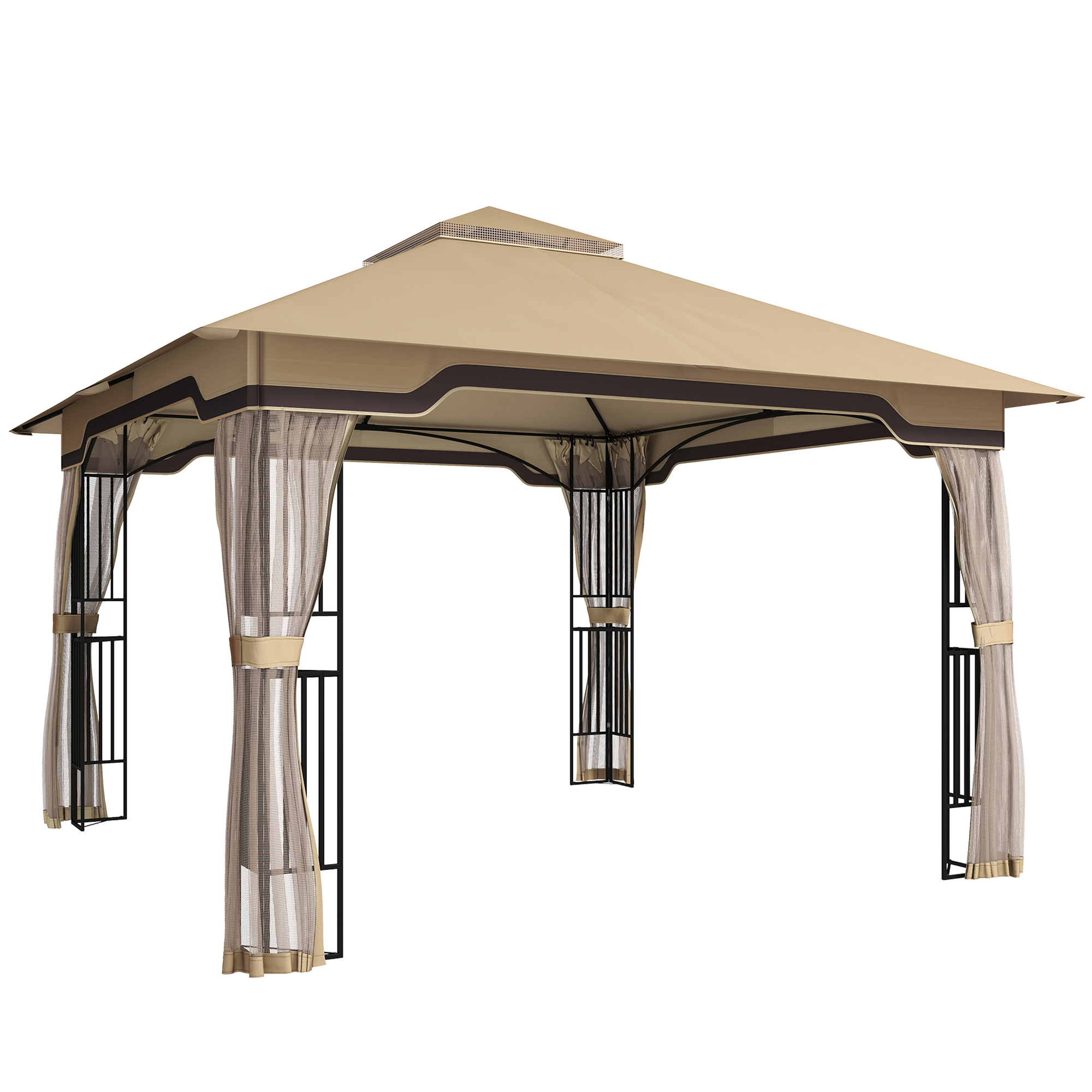 Outsunny 3.3 x 3.3 m Outdoor Garden Gazebo with Post Shelves, UPF50+ Patio Permanent Pavilion with Hook, Khaki