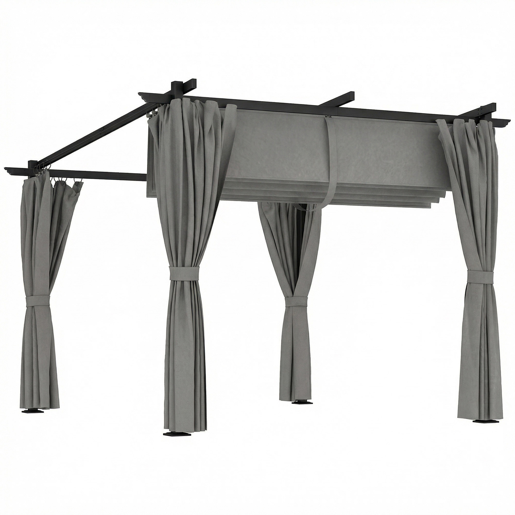 Outsunny 3 x 3 m Retractable Roof Pergola, with Curtains - Light Grey