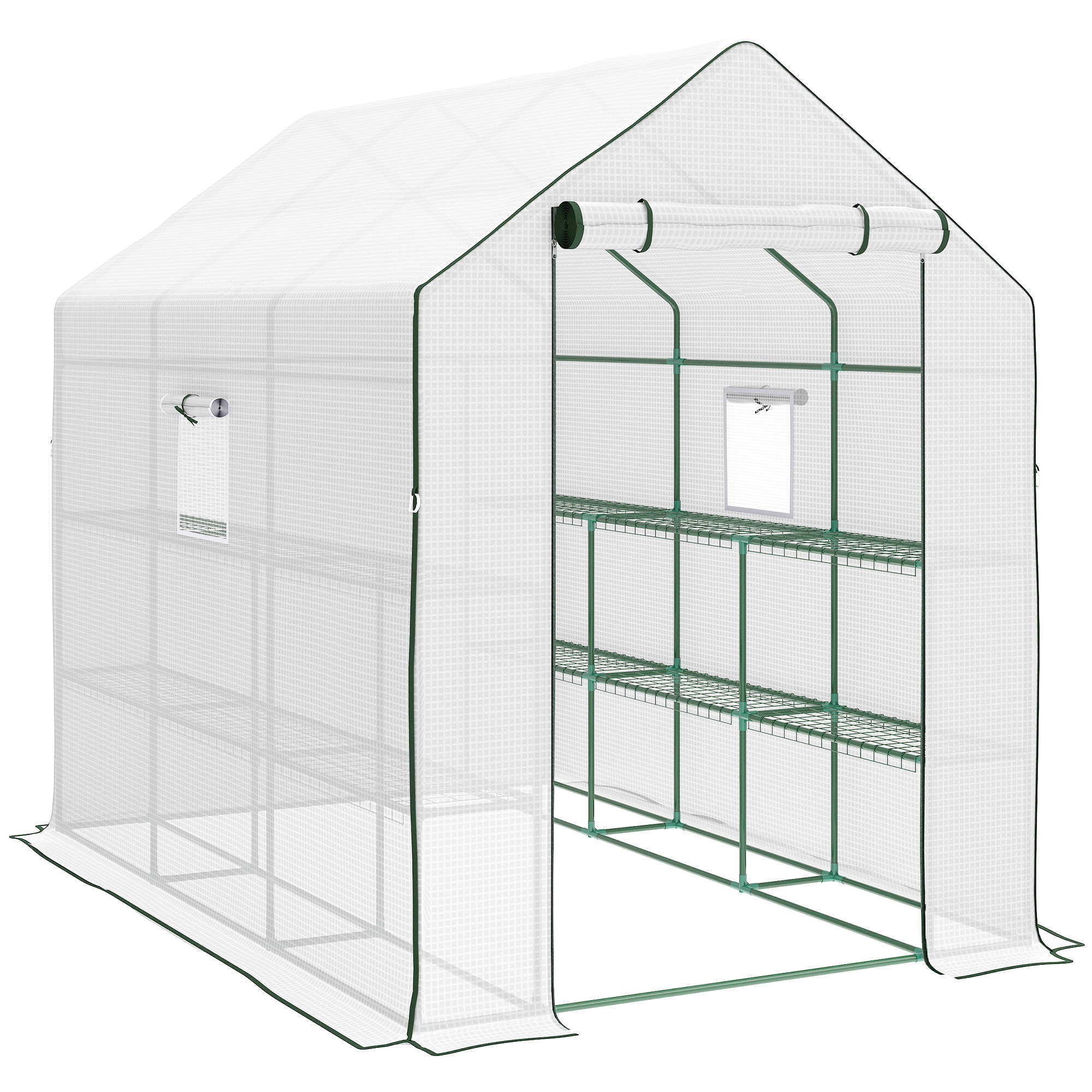 Outsunny Walking Greenhouse with PE Cover, 3 Tier Shelves, Roll-up Door & Mesh Windows, 1.4 x 2 x 1.9m, White   Aosom UK