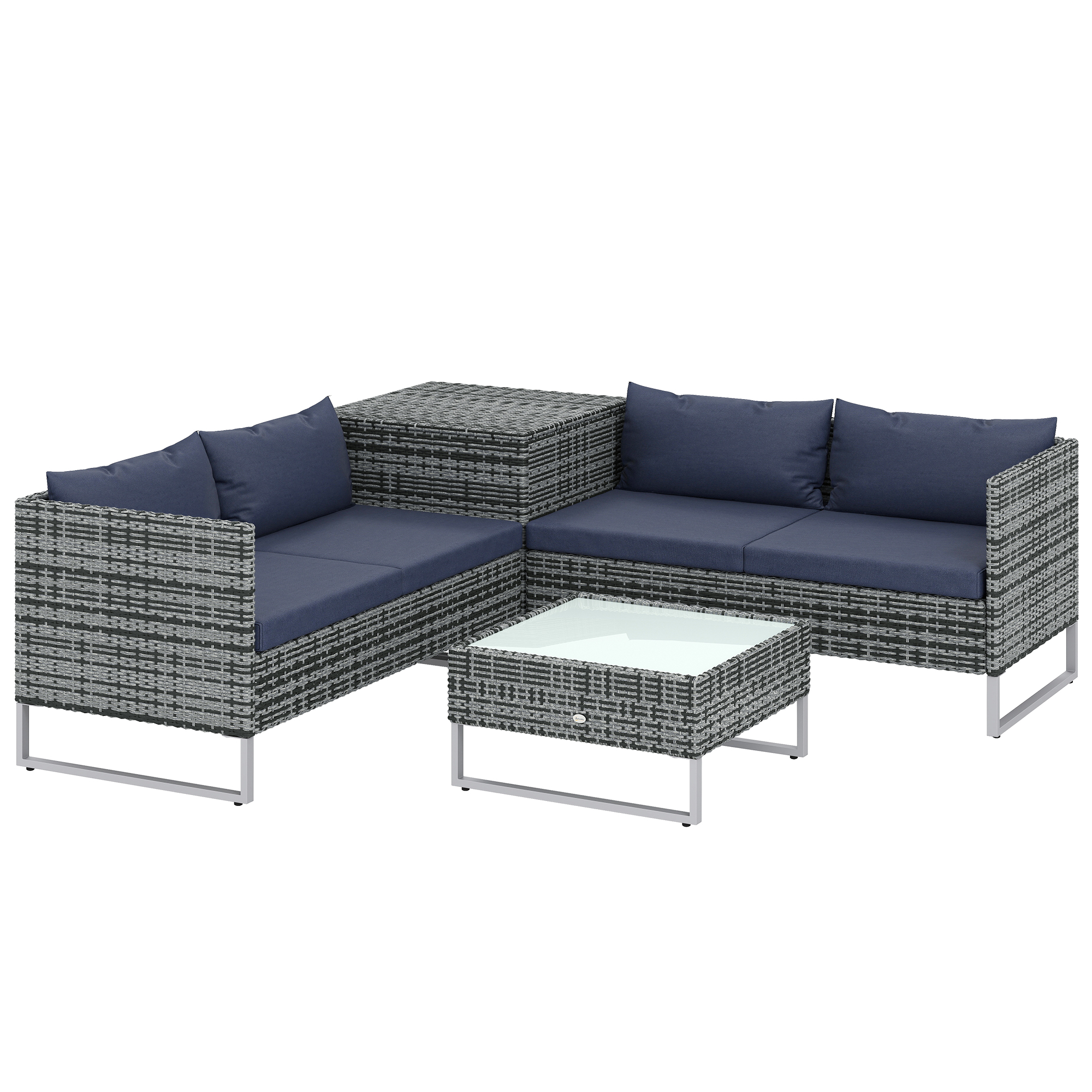 Outsunny 4 Piece Rattan Garden Furniture Set, Outdoor Corner Sofa Set with Storage Table, Loveseats, Cushions - Dark Blue