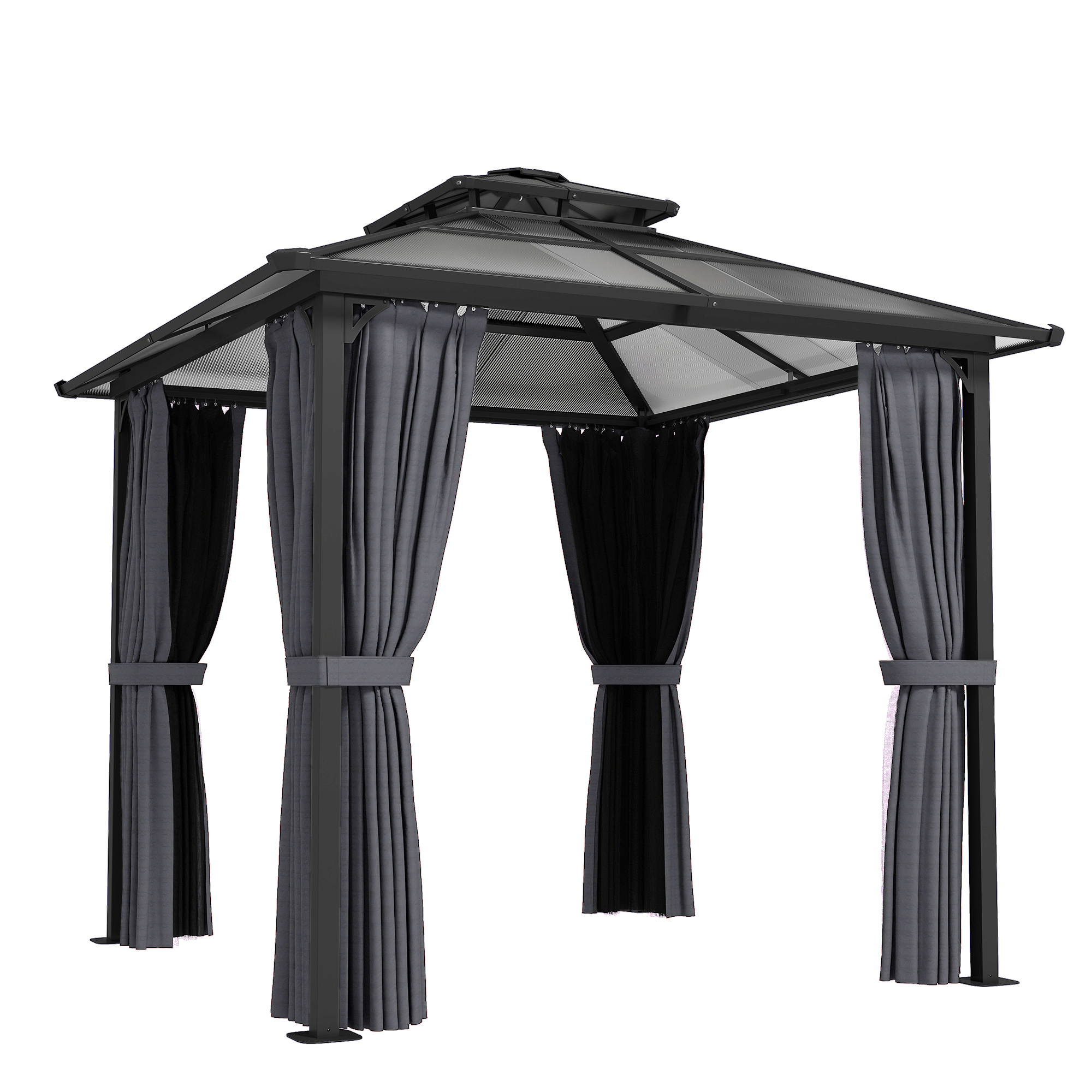 Outsunny 2.5 x 2.5 m Hardtop Gazebo Canopy with Double PC Roof, Drainage Gutters, Garden Gazebo Permanent Pavilion, Dark Grey