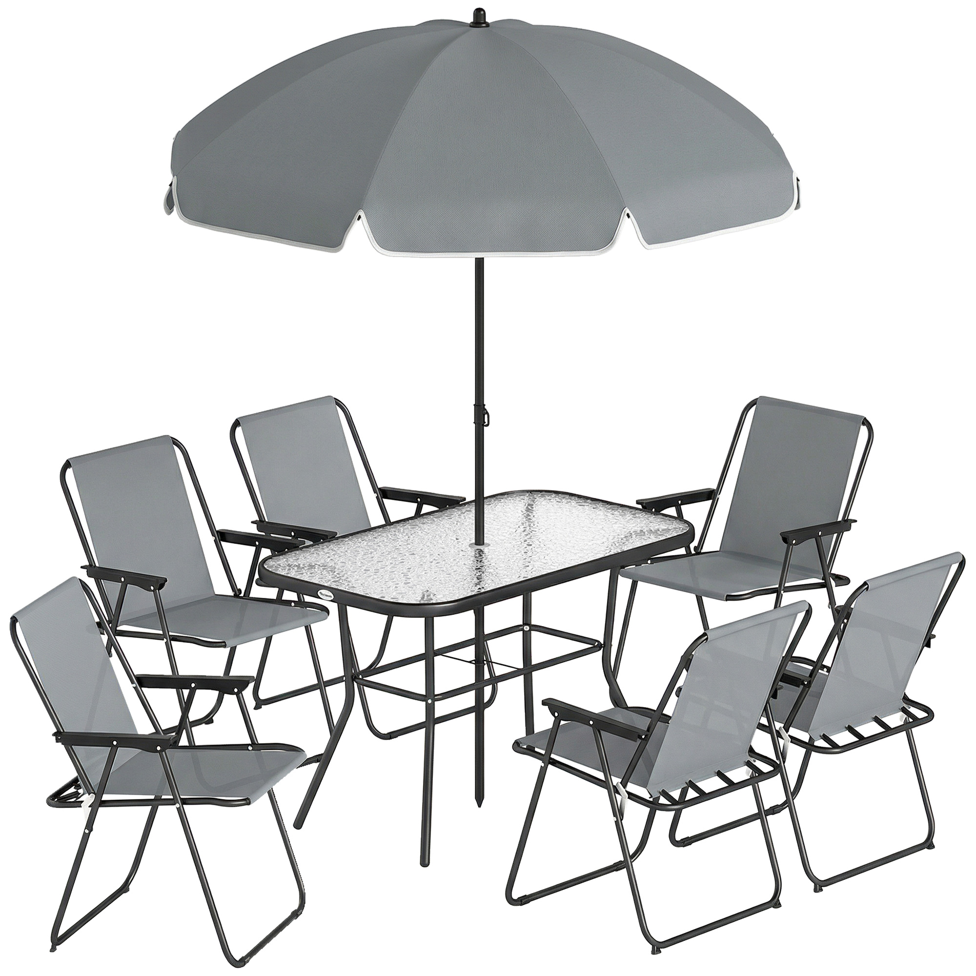 Outsunny 8 Piece Garden Dining Set with Umbrella, Garden Furniture Set with 6 Folding Chairs, Tempered Glass Table for Patio Grey