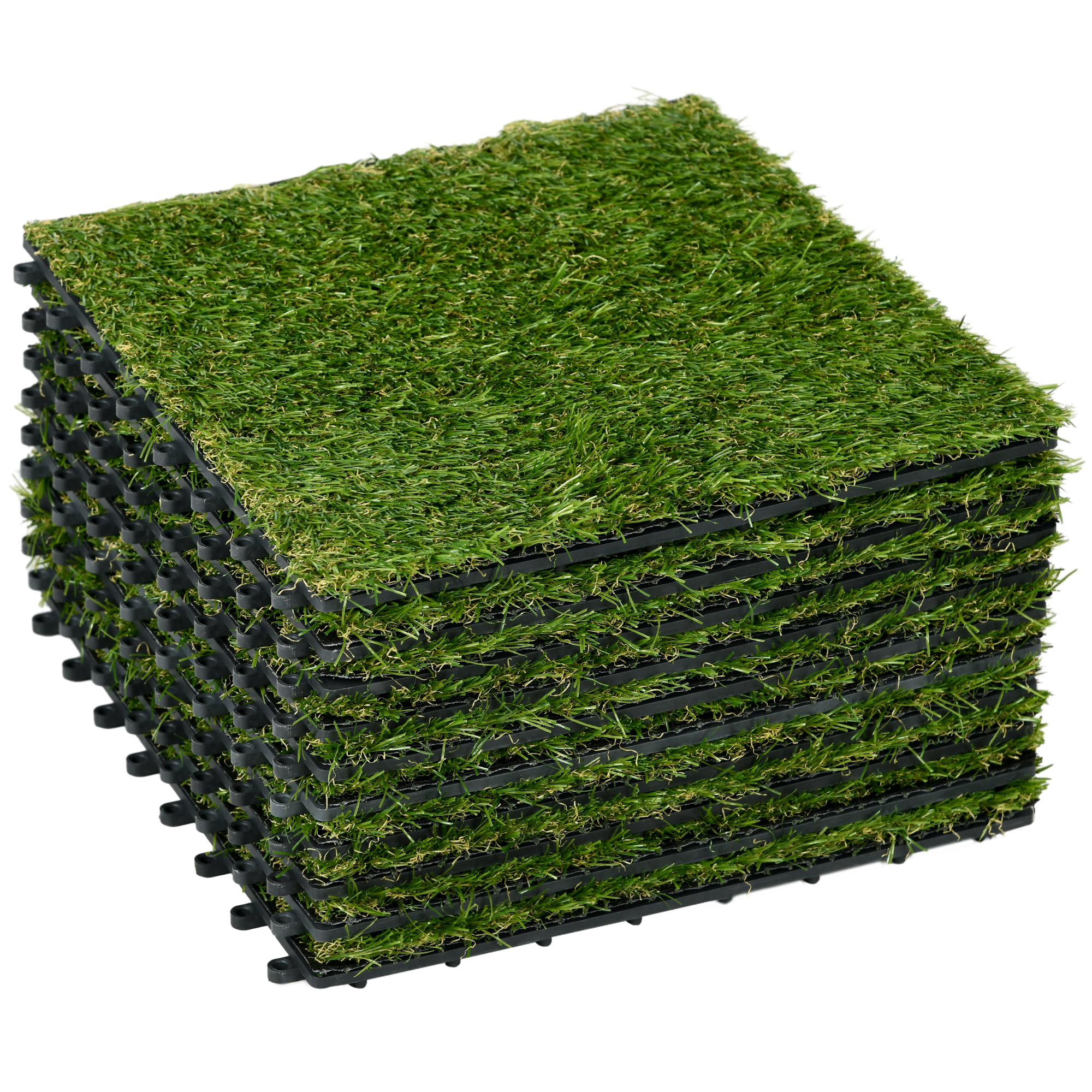 Outsunny 10-Piece Artificial Grass Set, Weatherproof Turf Tiles, 25mm Pile Height, Outdoor Carpet for Garden, Balcony & Patio, 30 x 30cm, Dark Green