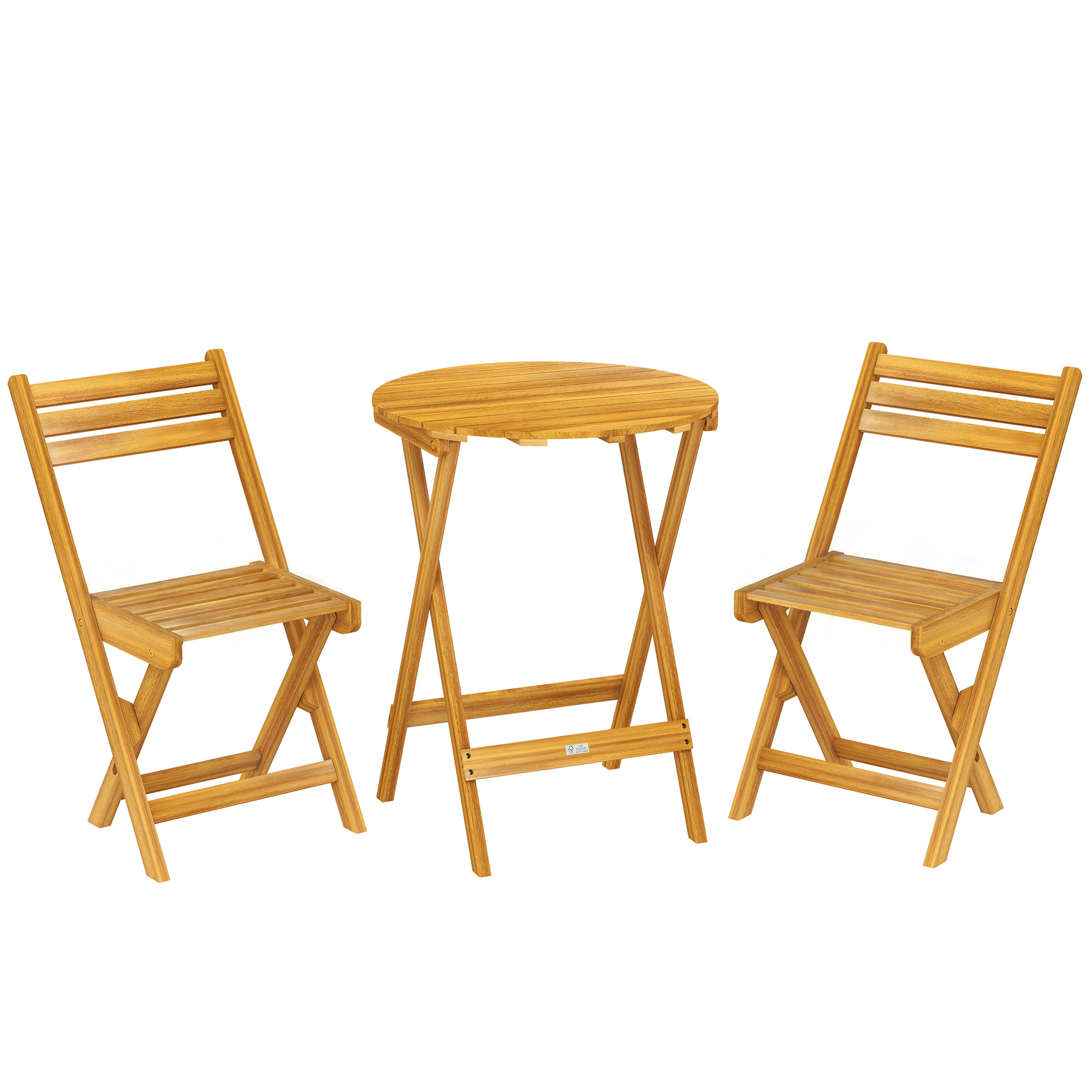 Outsunny Conjunto Bistró 3 Piezas Plegable en Madera de Acacia con Mesa Redonda y 2 Sillas, sin montaje, 60x60x75cm, Natural   Aosom España