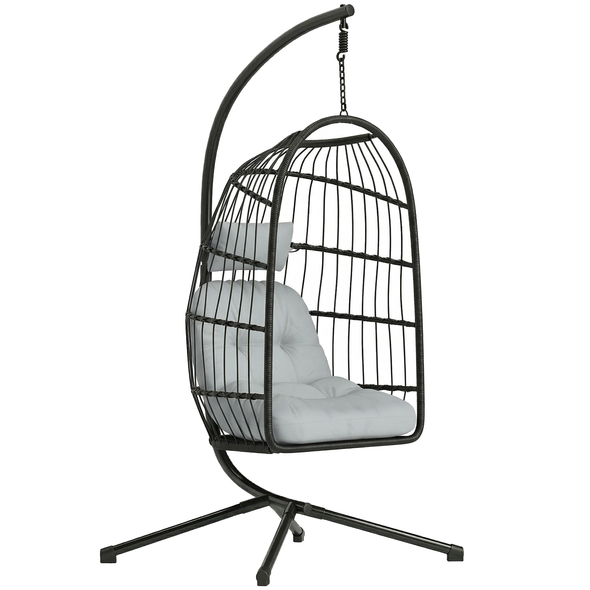 Outsunny Hangstoel met Standaard Opvouwbare Polyrattan Mand met Kussen Veiligheidsgordel Hoofdkussen Banden, Verstelbare Hoogte