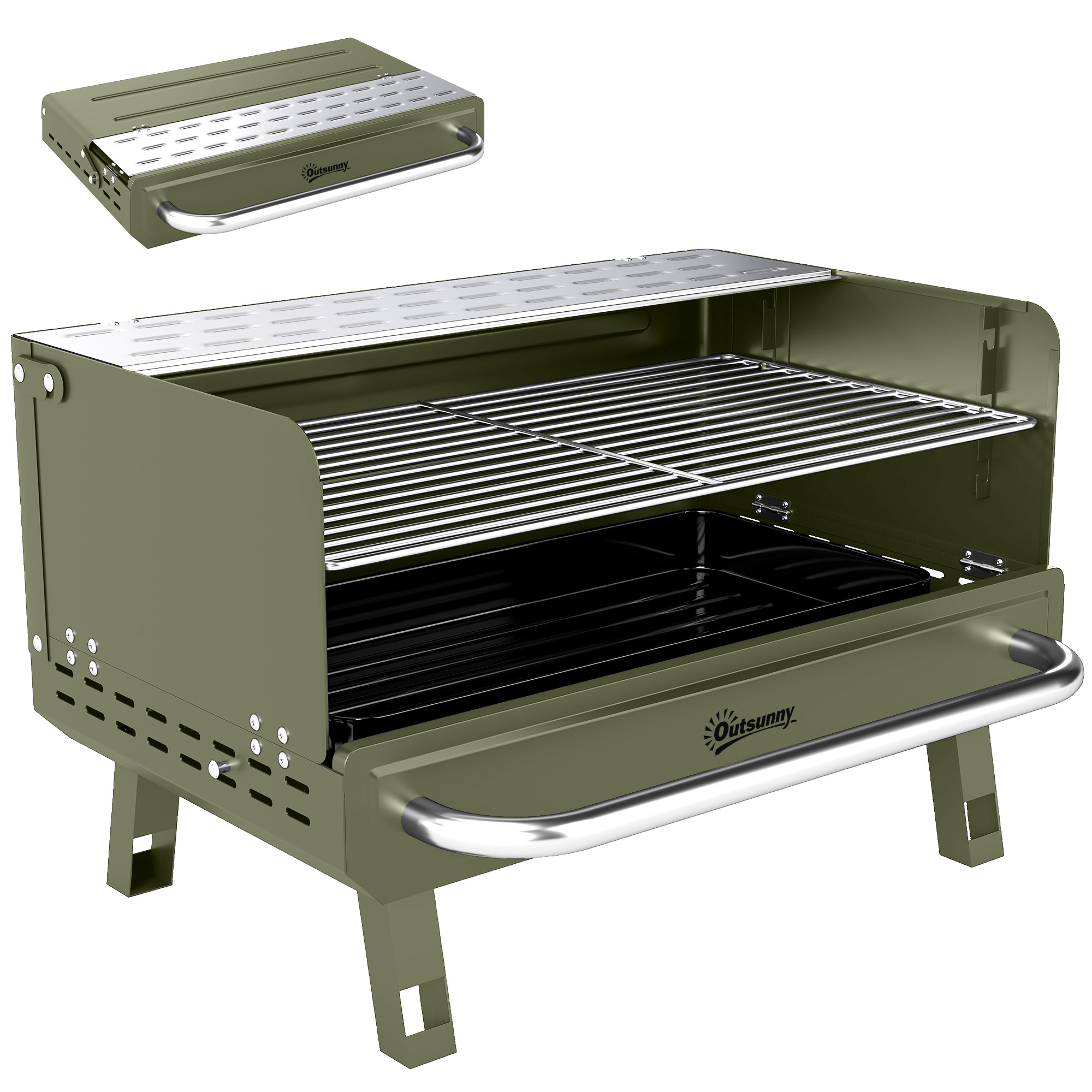 Outsunny Portable BBQ Grill, Charcoal Barbecue Grill with Adjustable Grates, Foldable Legs, Side Shelf for Camping Travel, Green