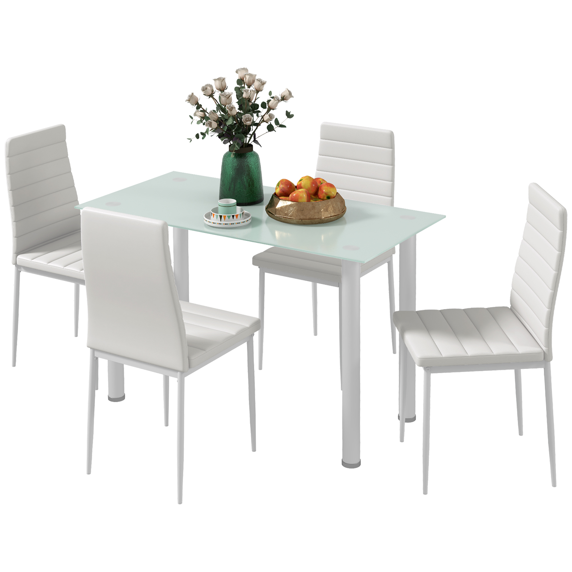 HOMCOM Ensemble de table à manger avec 4 chaises plateau en verre trempé, pieds en acier, pour cuisine salon blanc