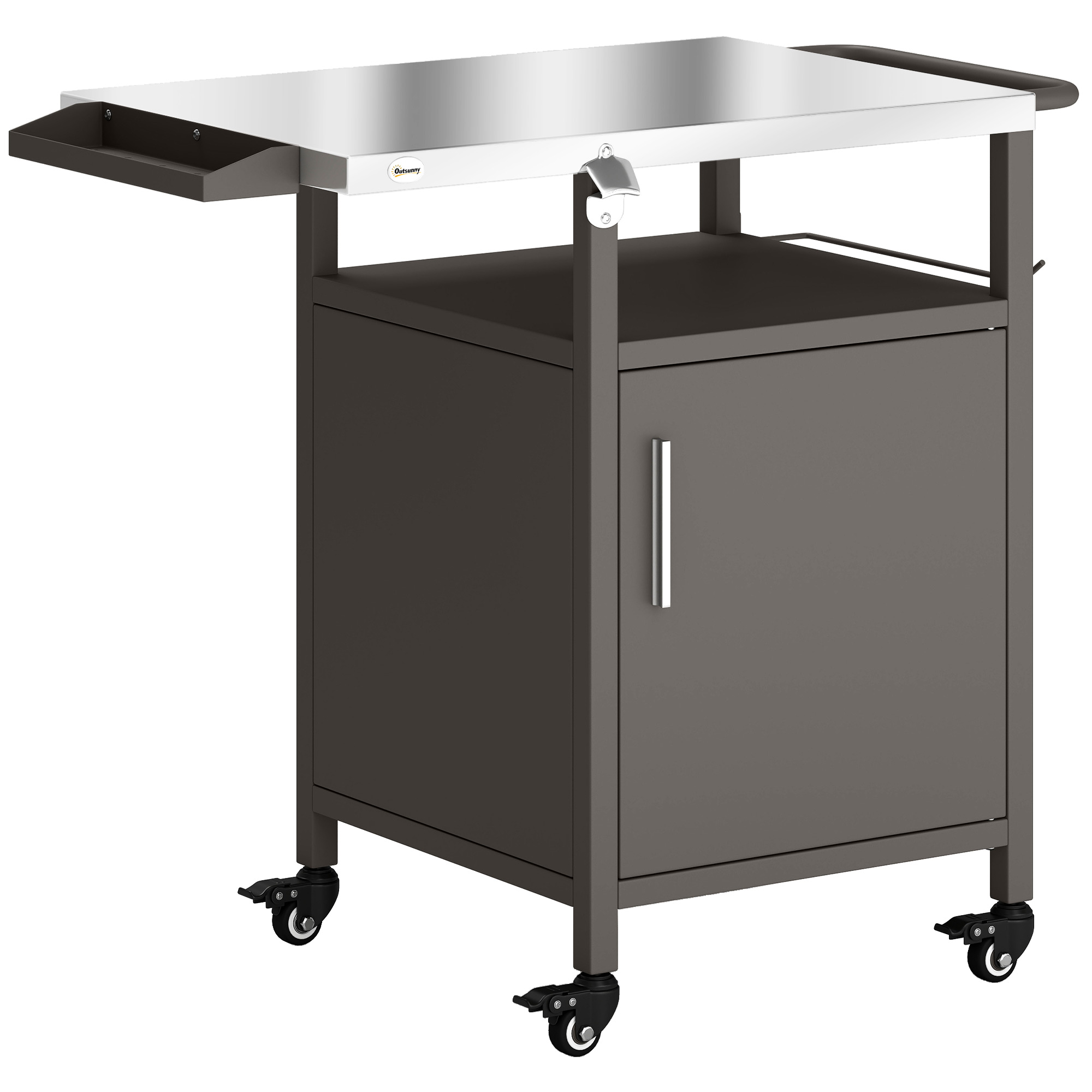 Outsunny Grill Cart with Stainless Steel Top, Pizza Oven Stand with Cabinet, Spice Rack, Towel Holder, Bottle Opener, Brown