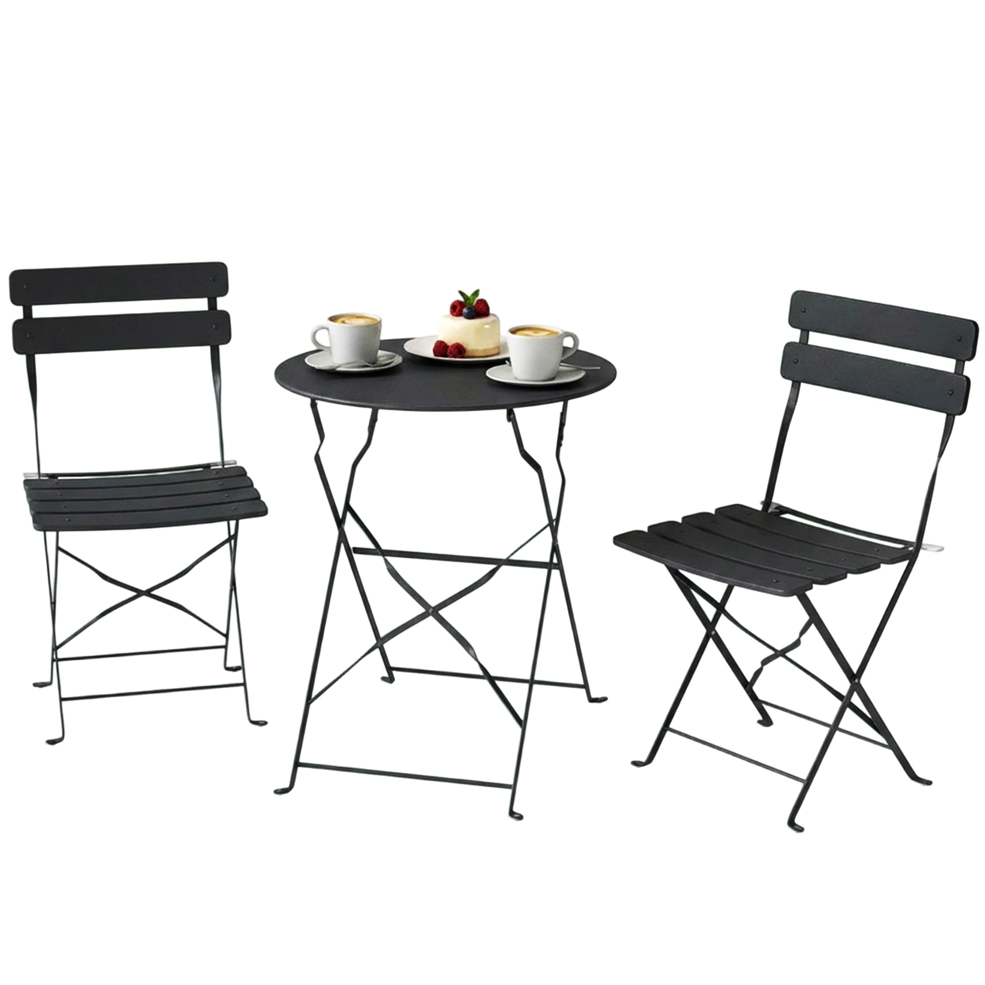 Outsunny Conjunto Bistró de Jardín 3 Piezas Mesa y 2 Sillas Plegables de Listones Doble Protección Antióxido Negro | Aosom España