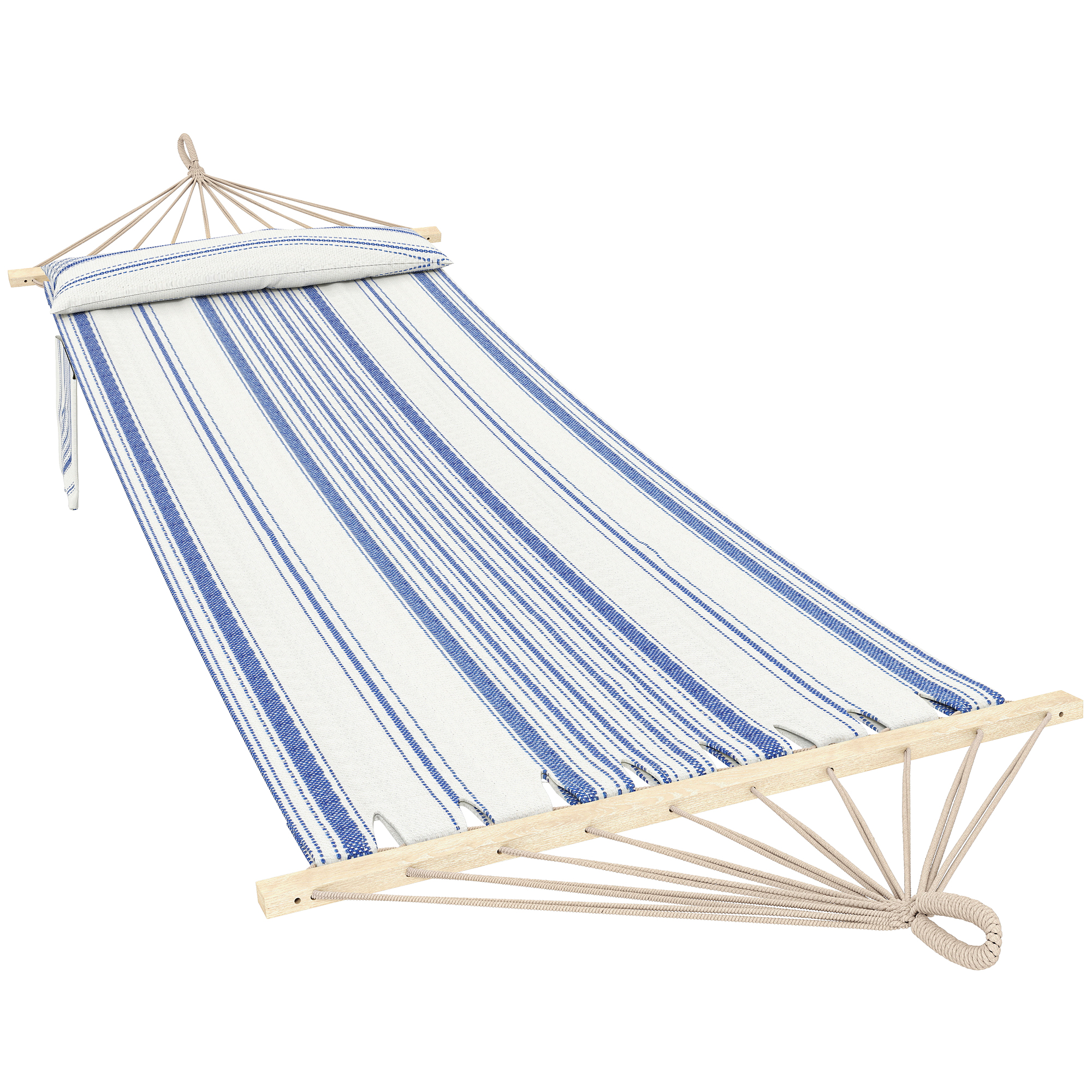 Outsunny Cotton Hammock, Soft Portable Swing Sleeping w/ Headrest & Side Pocket, Blue and White