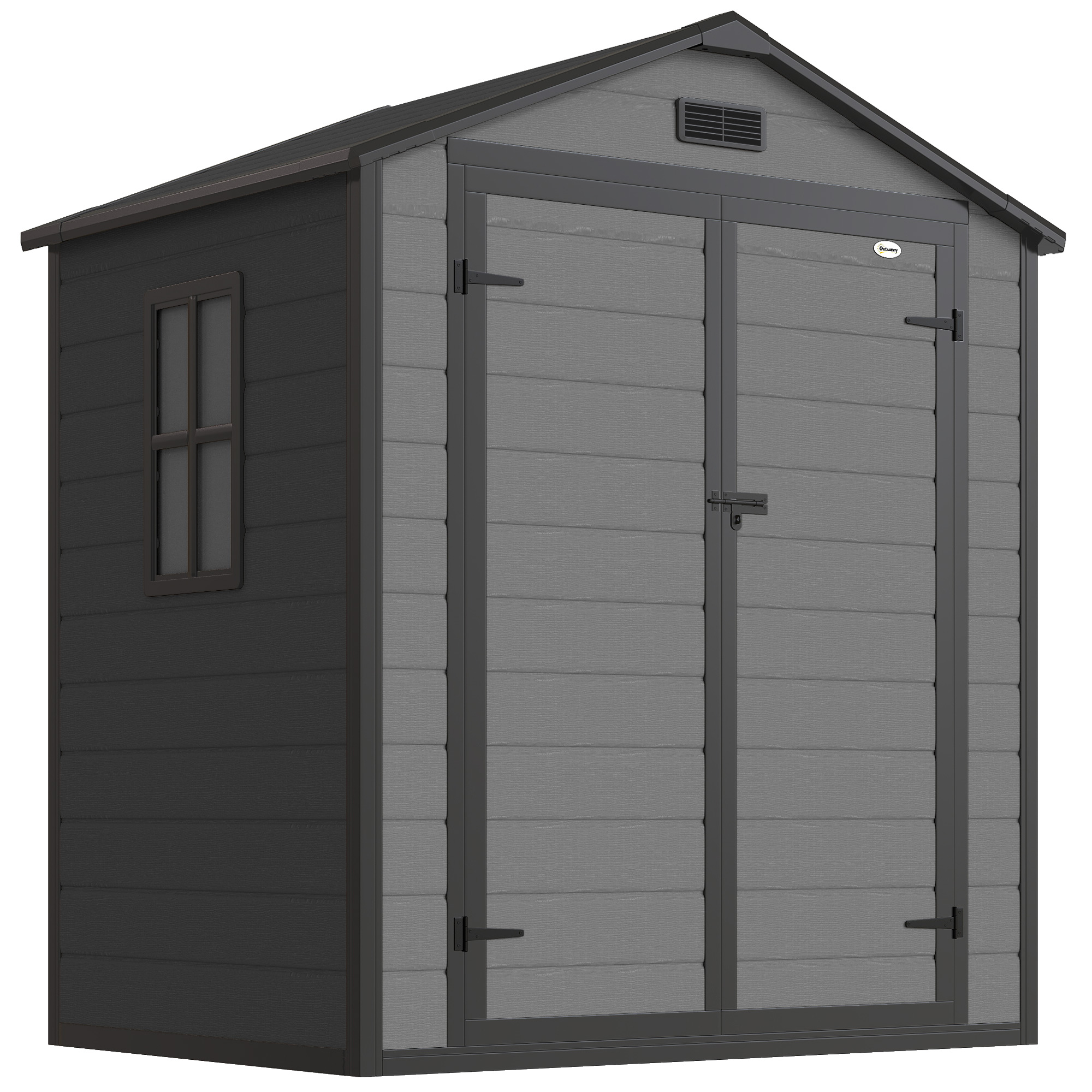 Outsunny 6'x4.5' Garden Storage Shed, Lockable Garden Shed with Double Doors, Window, Vent and Plastic Roof, Dark Grey