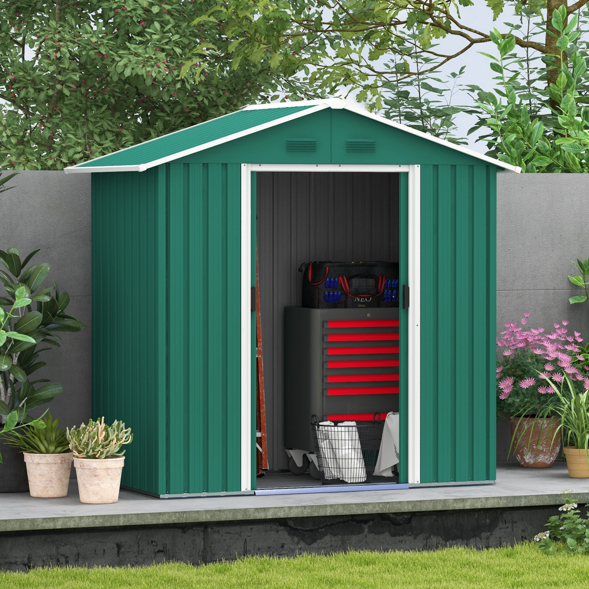Outsunny 6.5ft x 3.5ft Metal Garden Storage Shed for Outdoor Tool Storage with Double Sliding Doors, Green Outsunny 6.5ft x 3.5ft Metal Garden Storage Shed for Outdoor Tool Storage with Double Sliding Doors, Green
