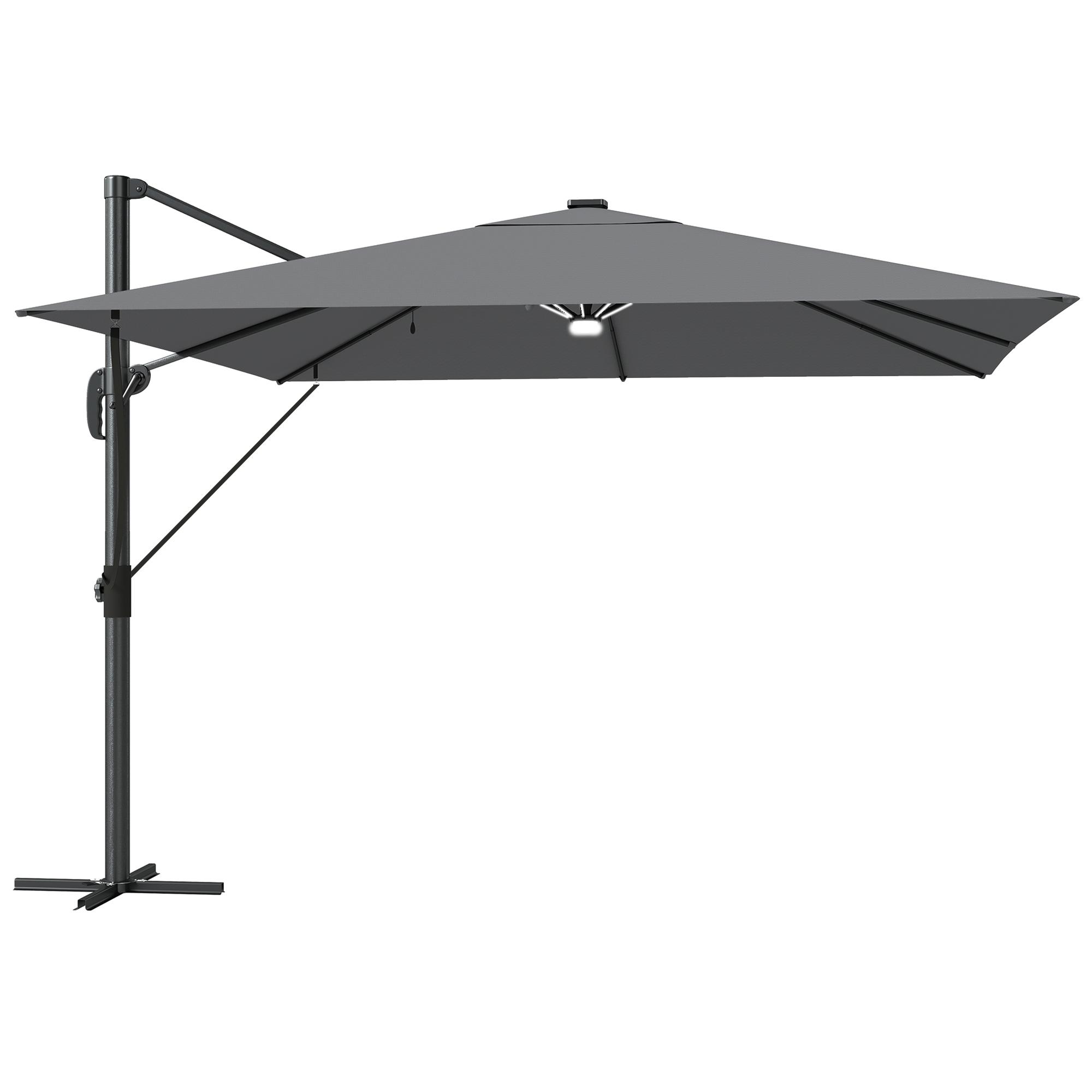Outsunny 3 x 3 m Garden Cantilever Parasol with Light, Cover, Overhanging Umbrella w/ Wind Protection, 360° Rotation, Light Grey