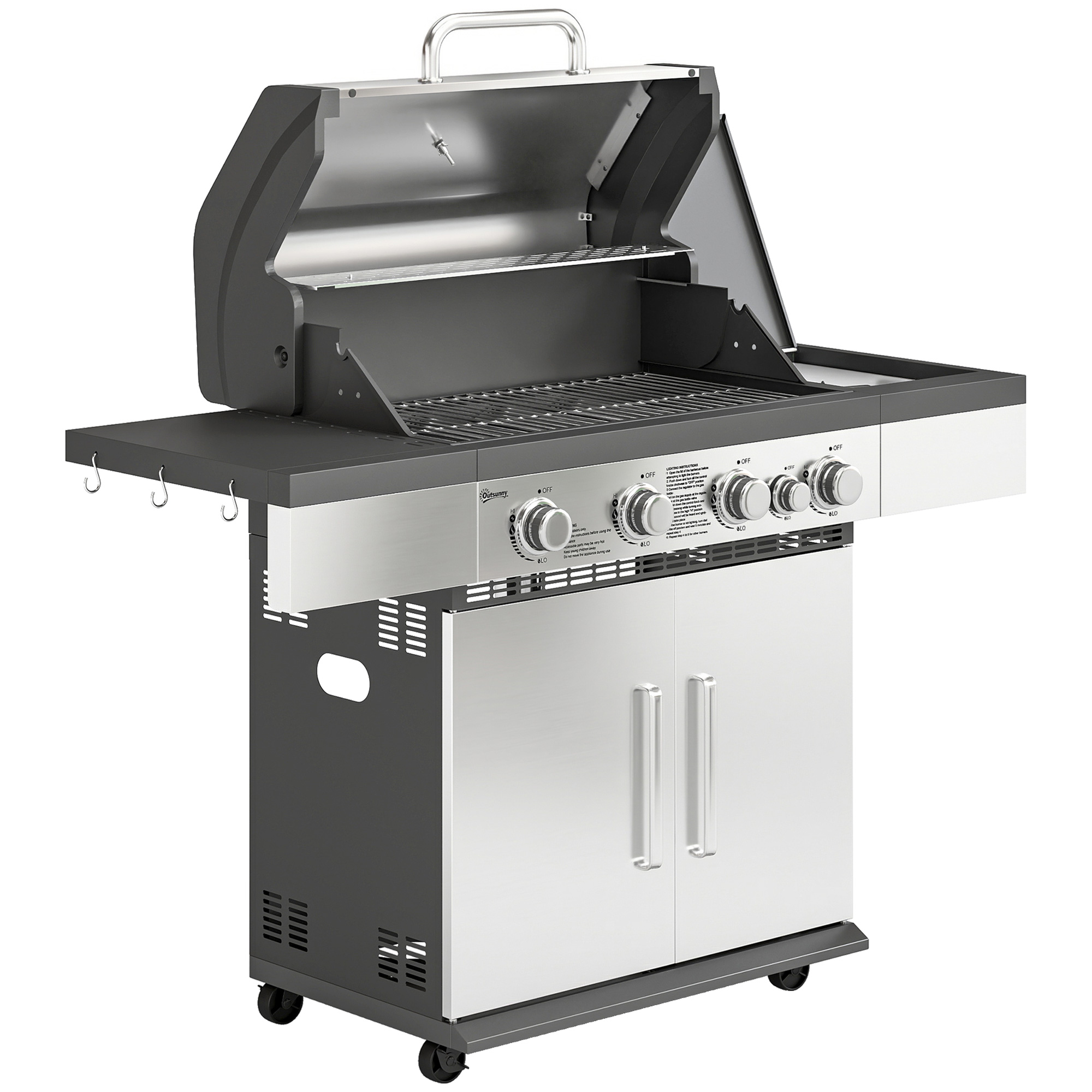 Outsunny 4+1 Burner Gas BBQ Grill, Portable Gas Barbecue Grill with Side Burner, Warming Rack, Side Shelf, Storage Cabinet