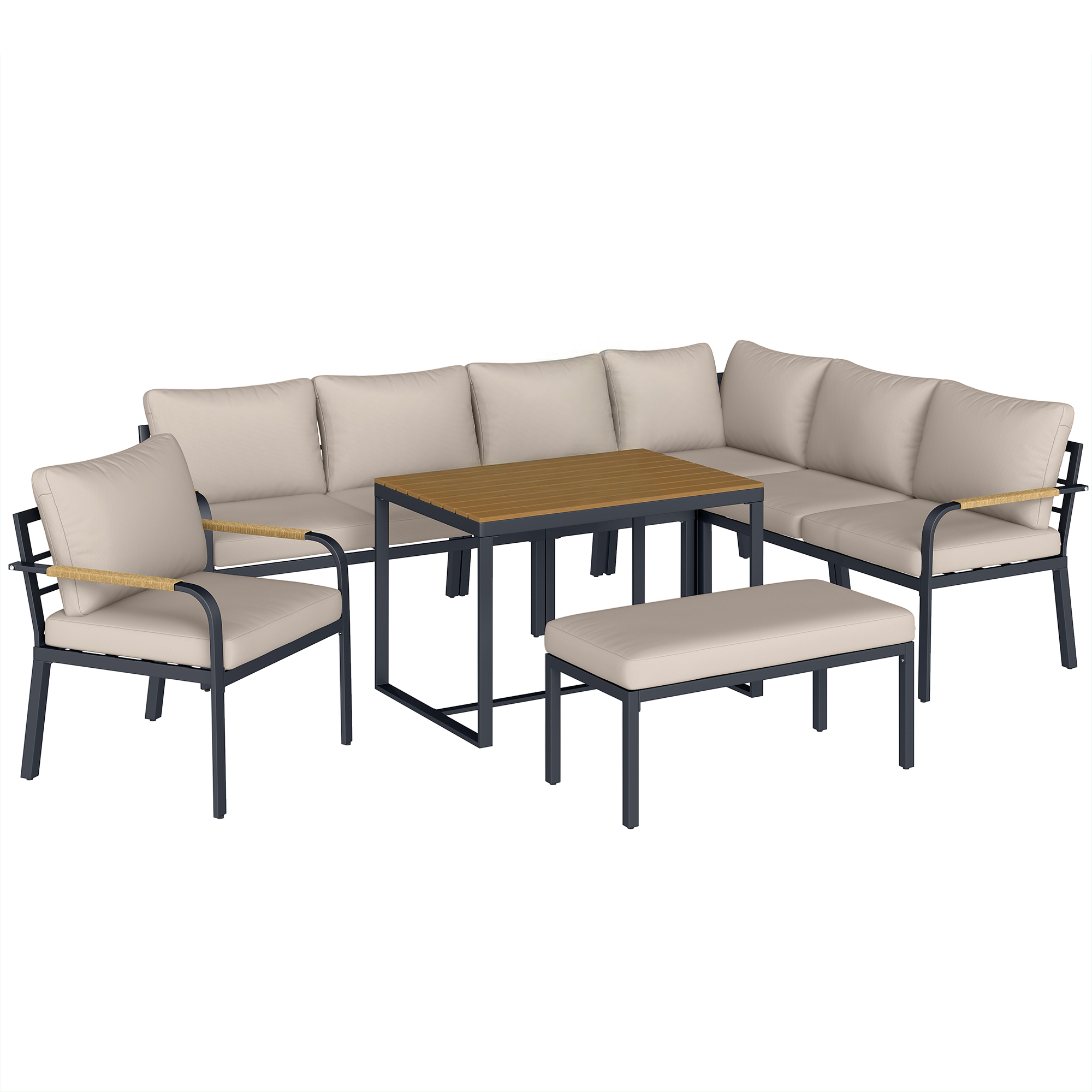 Outsunny Salón de Jardín 7 Piezas Conjunto Sofá de Esquina Exterior Modular con Mesa en WPC y Puf Beige y Gris   Aosom España