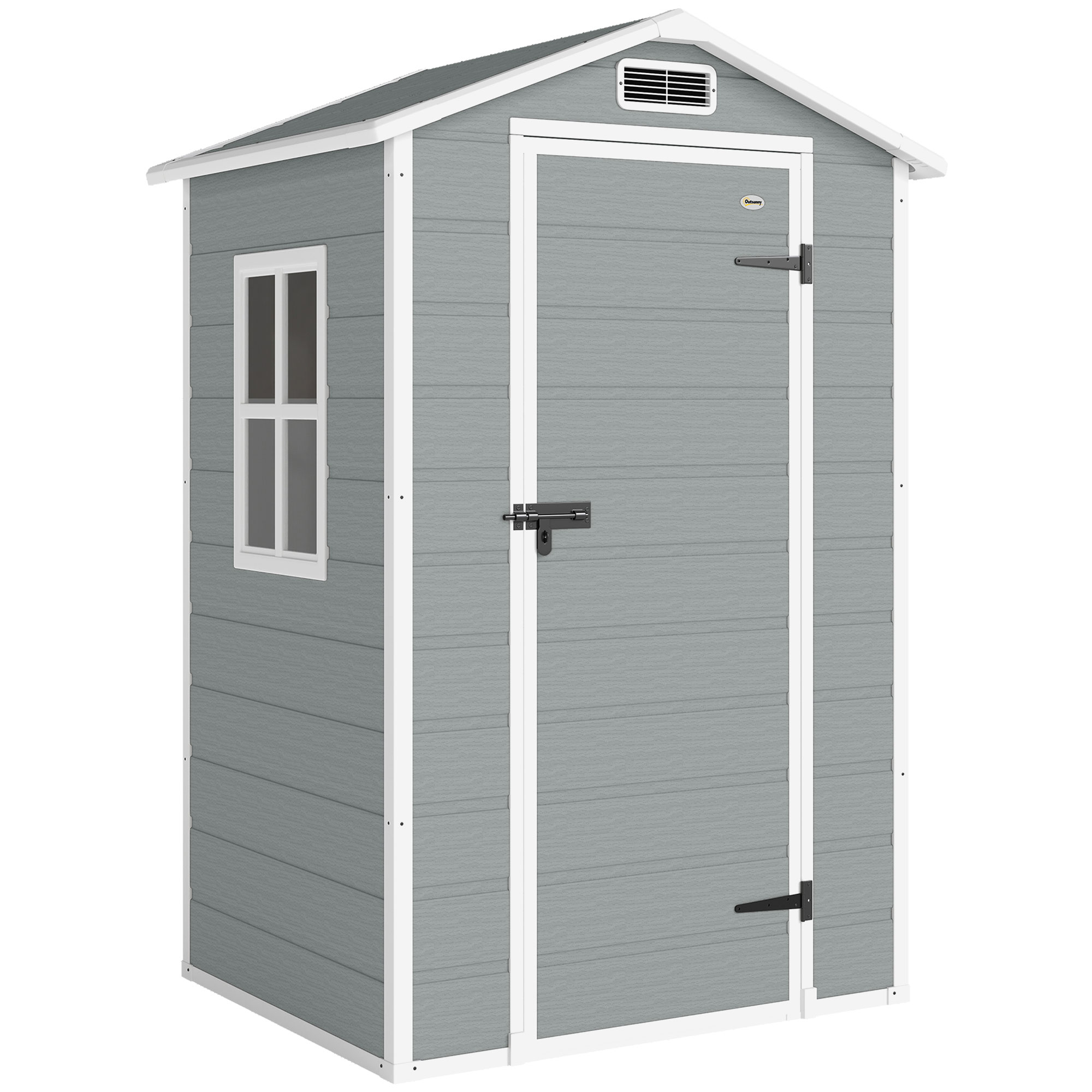 Outsunny 4 x 3 ft Plastic Garden Shed with Floor, Outdoor Storage Shed with Lockable Door, Window and Vent, Light Grey