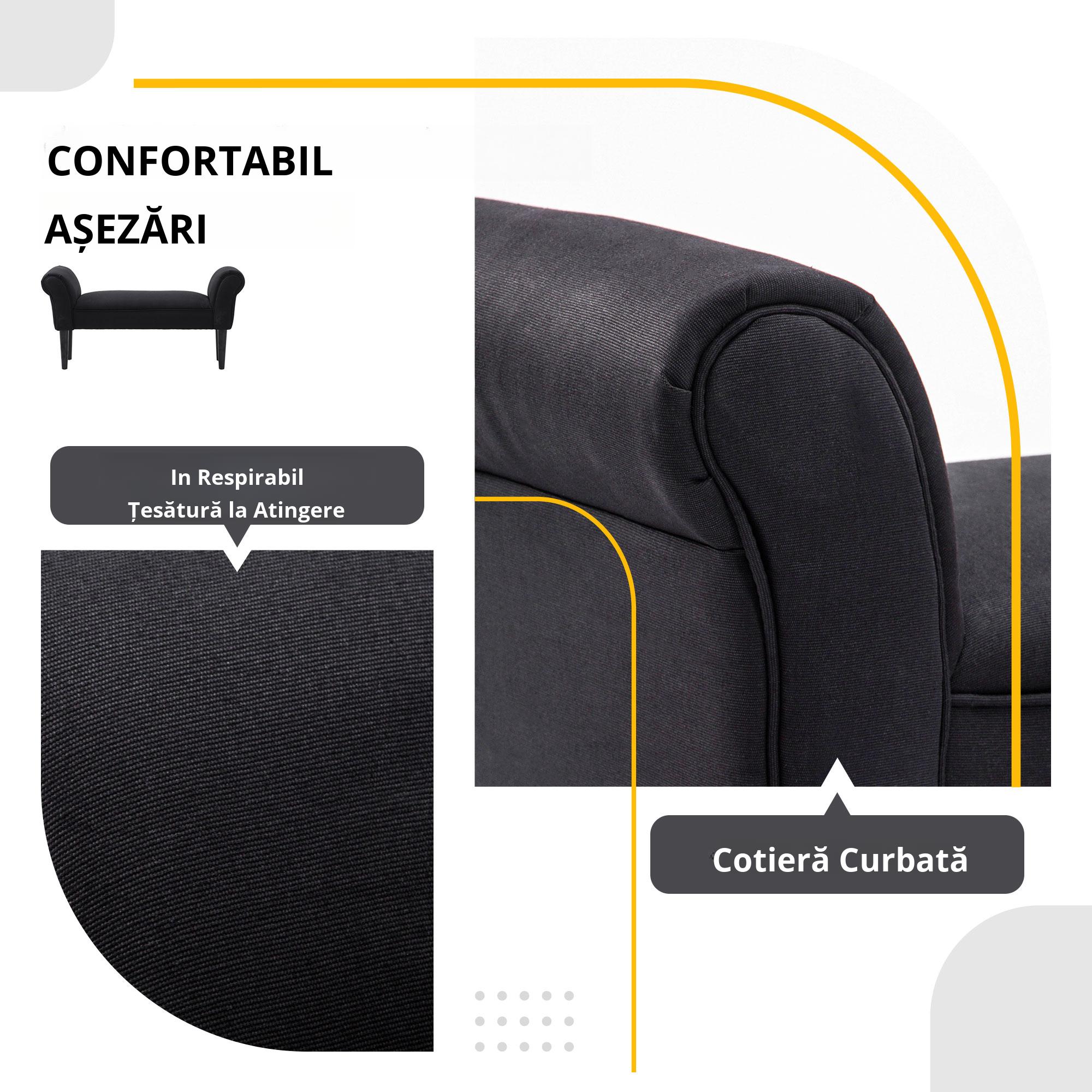  Banca Tapitata pentru Capatul Patului cu Brate Rulate, 102x35x51cm, Negru [4]