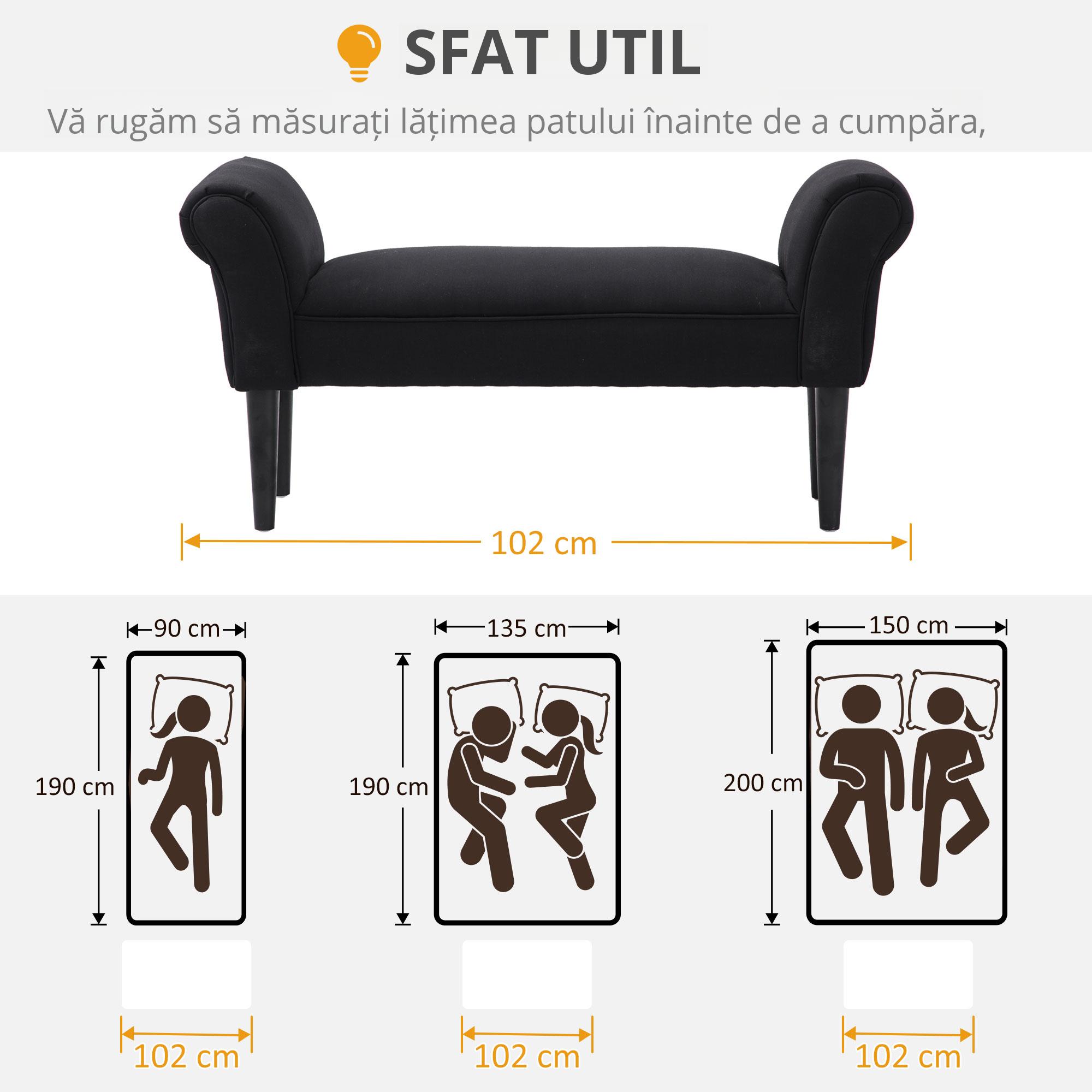  Banca Tapitata pentru Capatul Patului cu Brate Rulate, 102x35x51cm, Negru [6]