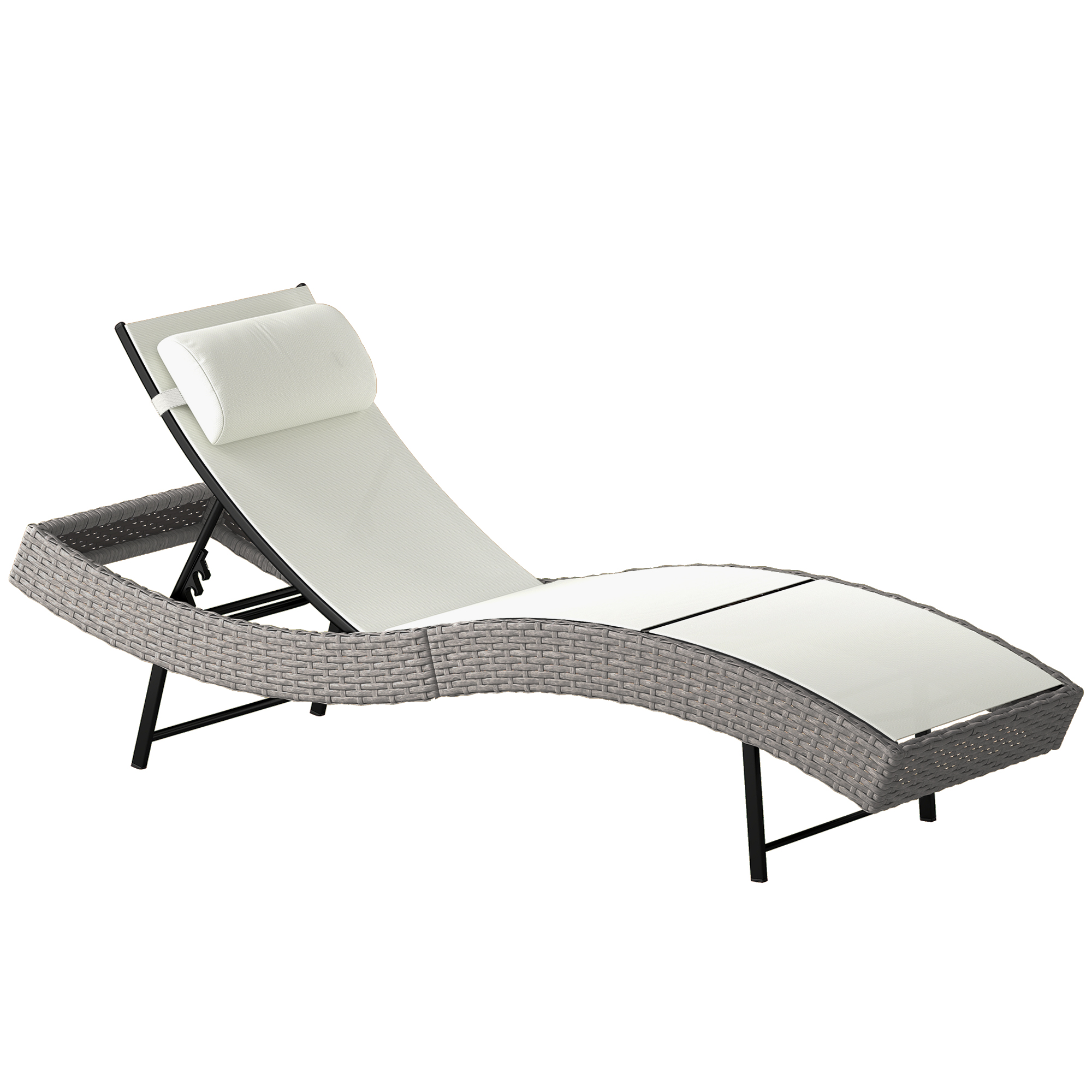 Outsunny Rattan Sun Lounger, Garden Recliner with 5 Position Adjustable Back, S Shaped Texteline Seat, Headrest, Cream White