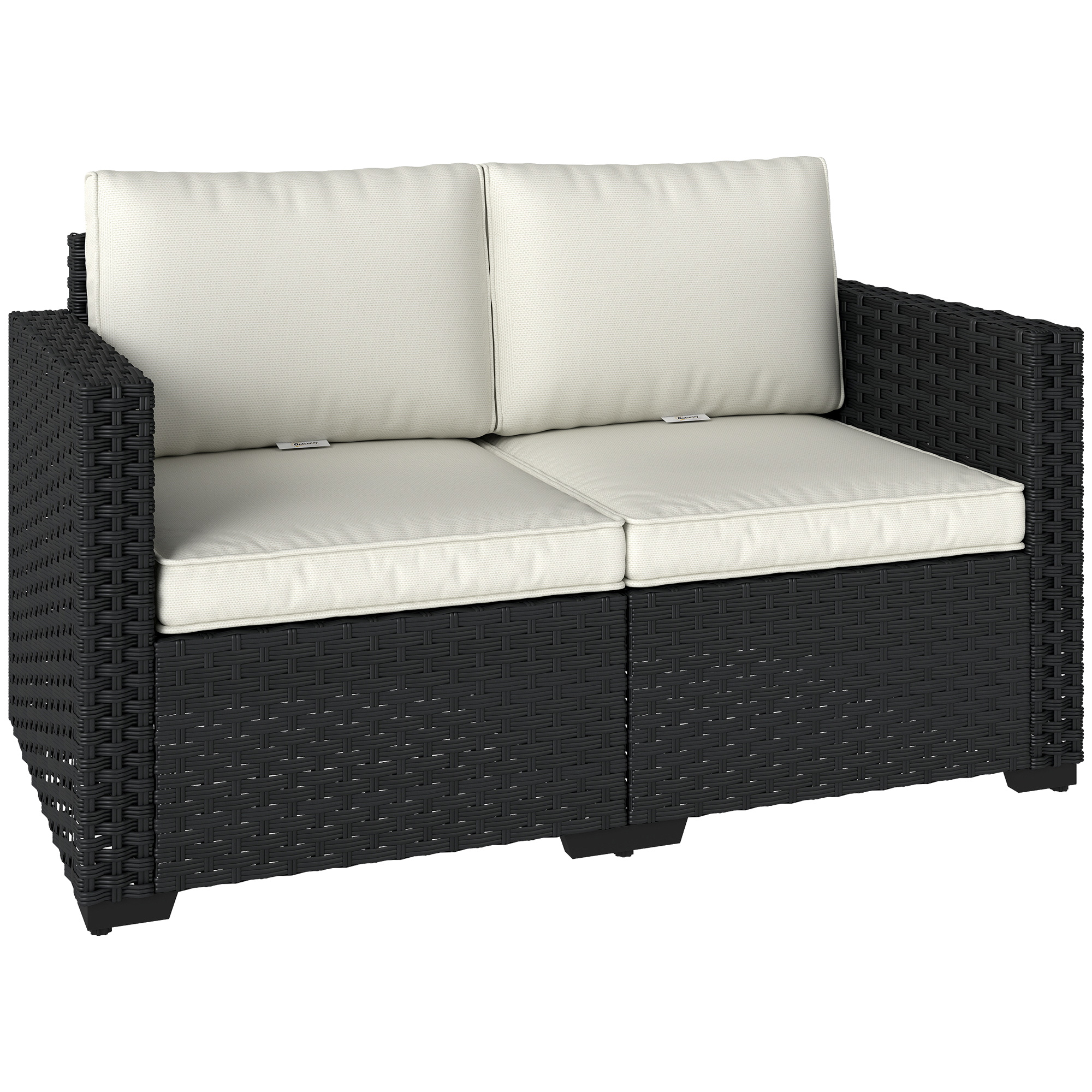 Outsunny 2 Seater Rattan Sofa, Outdoor Garden Sofa with Deep Seat, Cushions, Wide Armrests for Patio, Balcony, Porch, Black