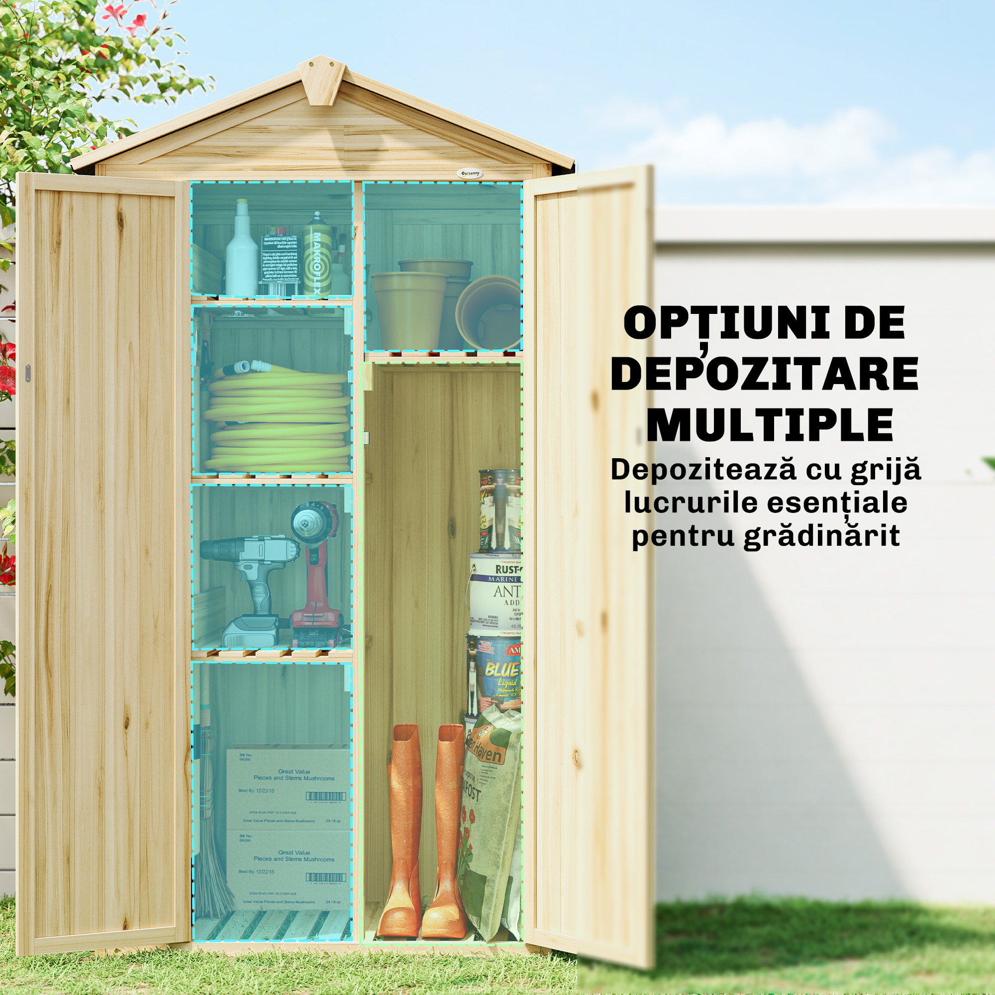  Dulap de Gradina cu 3 Usi, 4 Rafturi si Carlige, din Lemn de Brad, 93x53x168 cm, Culoare Lemn [4]