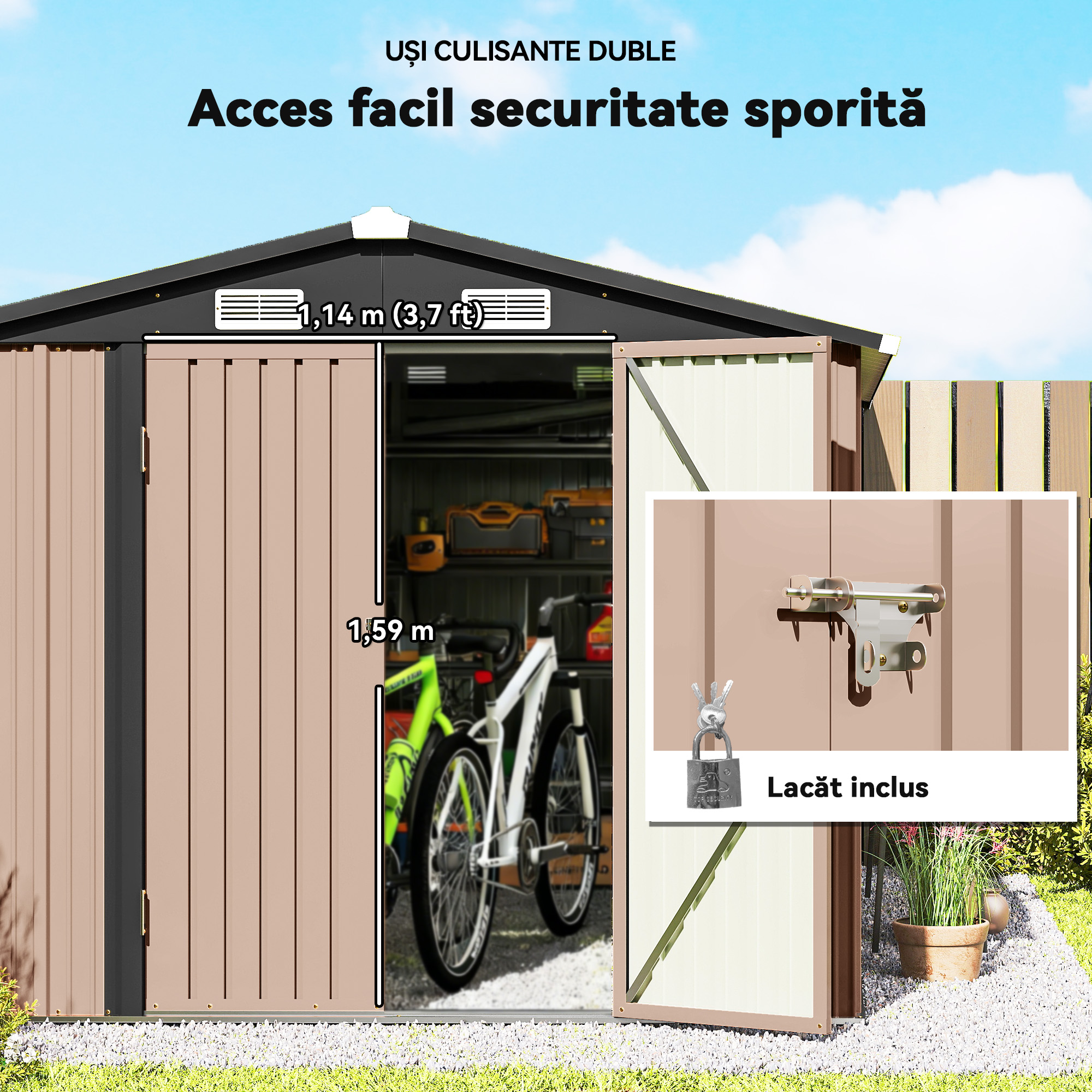  Magazin din Metal 305 x 245 cm, Depozit de Gradina Robust cu 4 Guri de Aerisire si Usi Duble cu incuietoare, Maro [6]