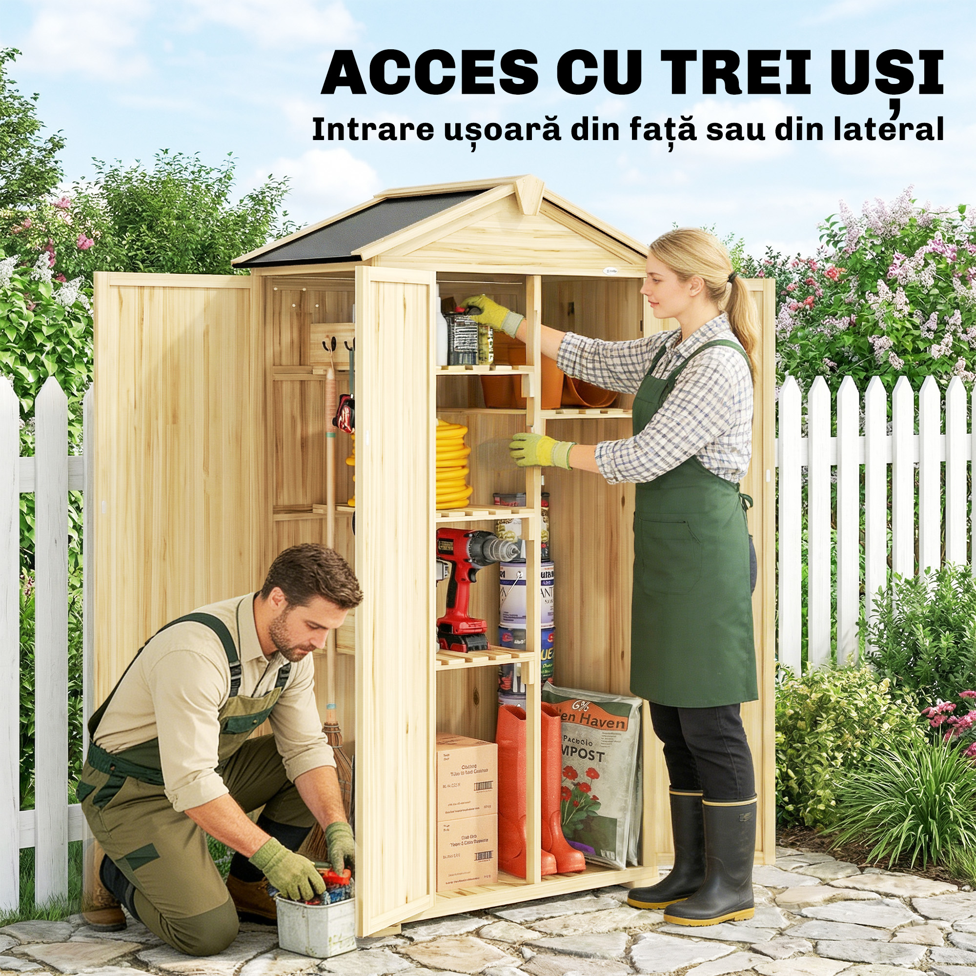  Dulap de Gradina cu 3 Usi, 4 Rafturi si Carlige, din Lemn de Brad, 93x53x168 cm, Culoare Lemn [3]