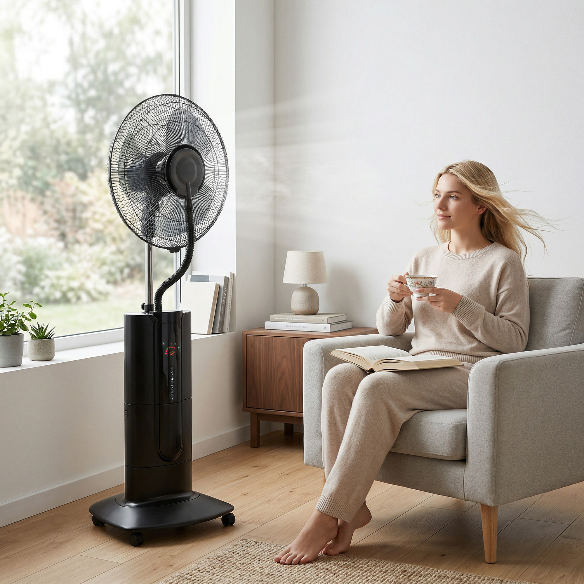  Ventilator de Podea 3 in 1 Oscilant cu Nebulizator de Apa, Telecomanda si Timer 9h, 45x38x130 cm, Negru [1]