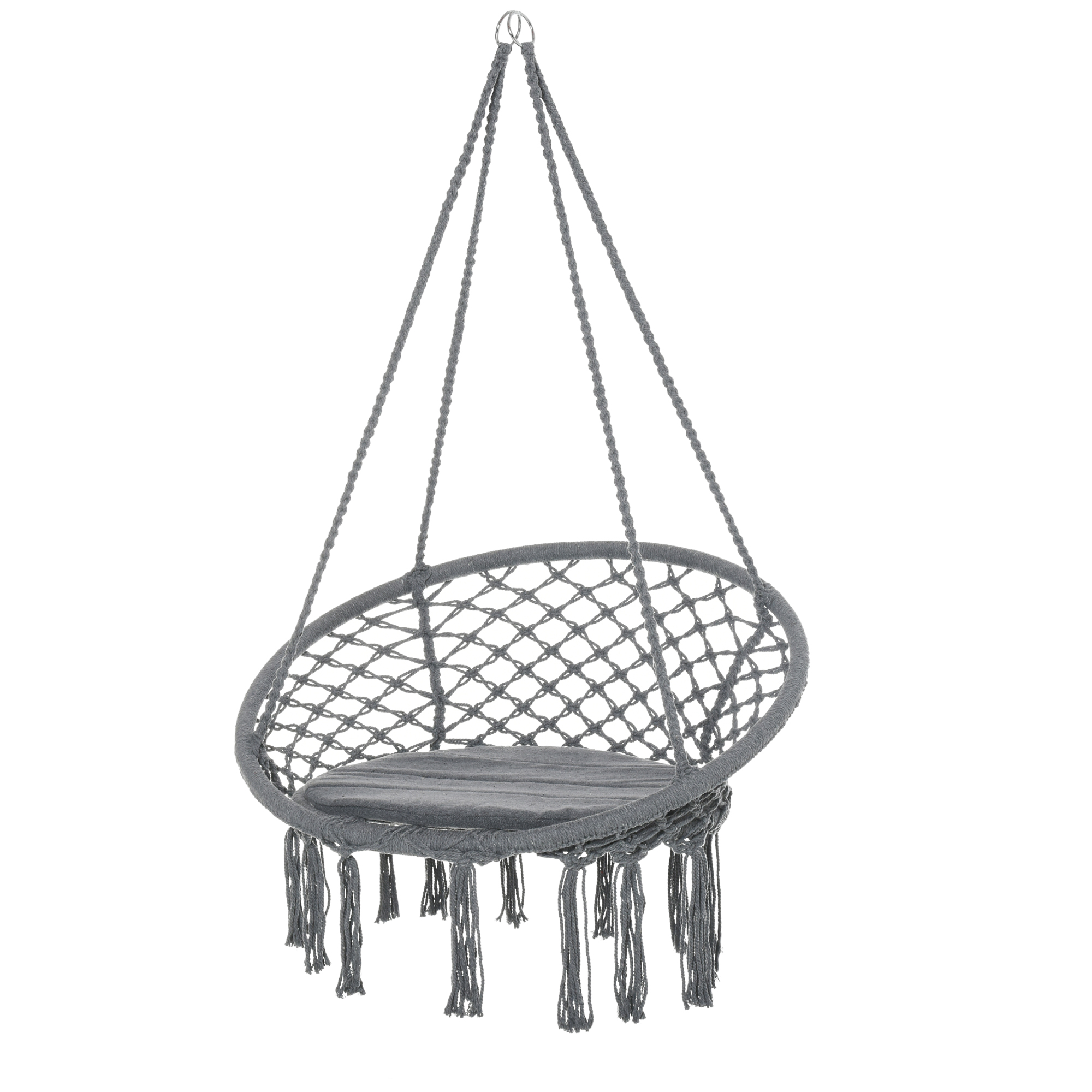 Outsunny Macrame Swing Chair: Cotton-Polyester Hanging Seat with Backrest & Tassels, Indoor & Outdoor Use, Grey Aosom UK