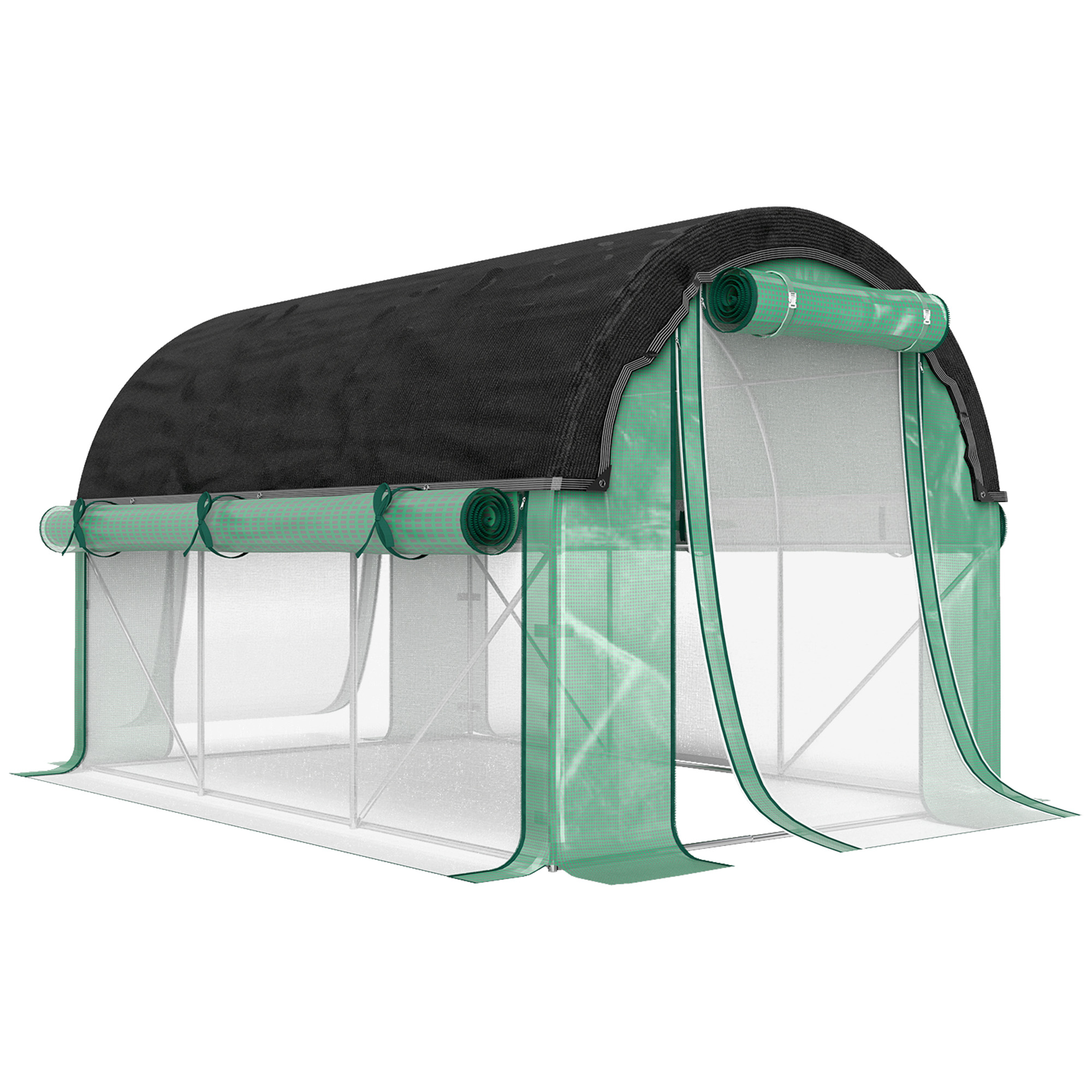 Outsunny Gewächshaus 3 x 2 x 2 m Foliengewächshaus mit 6 Fenster, Rolltüren, Aufrollbar Seitenwänden, UV-beständiger Folientunnel, Winterfest Tomatenhaus mit Erdanker, Grün Aosom