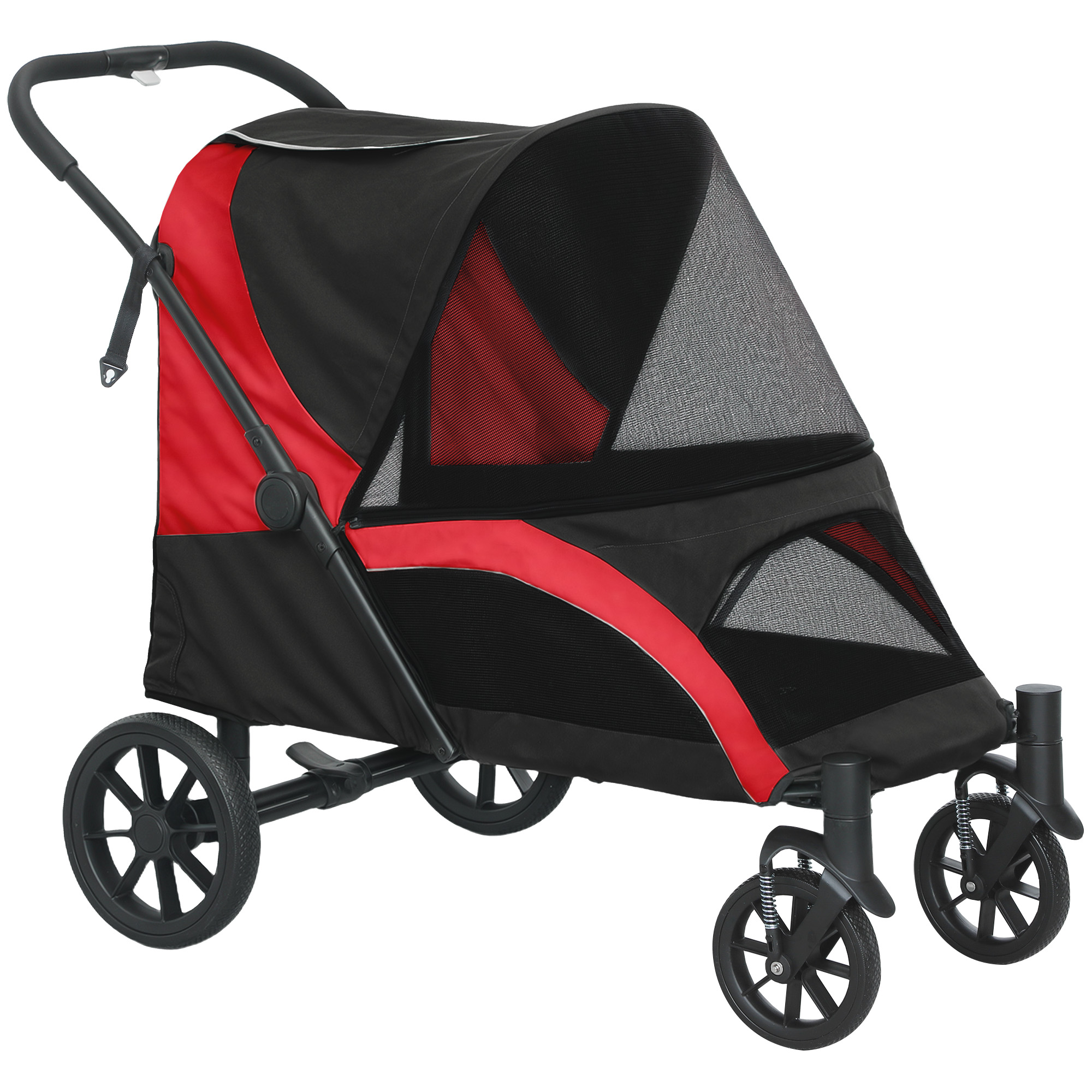 PawHut Hundewagen Hundebuggy klappbar für große Hunde & Katzen bis 30 kg Katzenbuggy mit Kissen Netzfenstern Türen Aufbewahrungstasche Katzenwagen mit Sicherheitsleinen, Bremsen, Buggy Schwarz Aosom