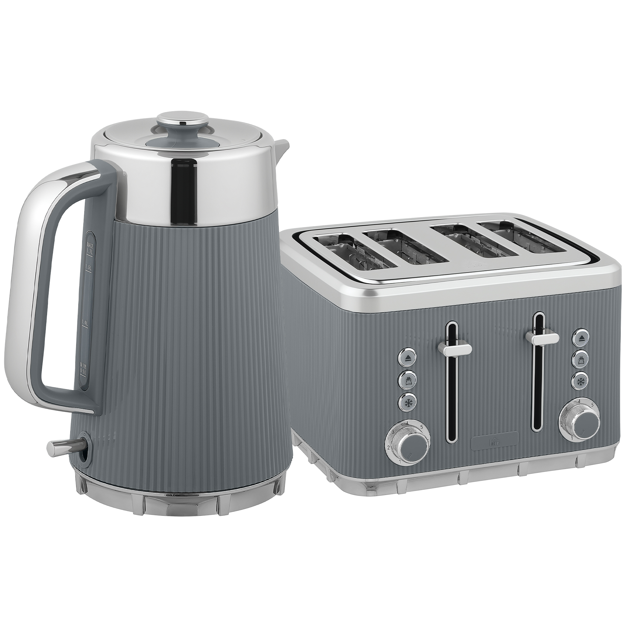 HOMCOM Czajnik 2200 W, 1,7 l z funkcją szybkiego gotowania, filtrem kamienia i tosterem na 4 kromki z 7 poziomami zarumienienia, szary | Aosom PL