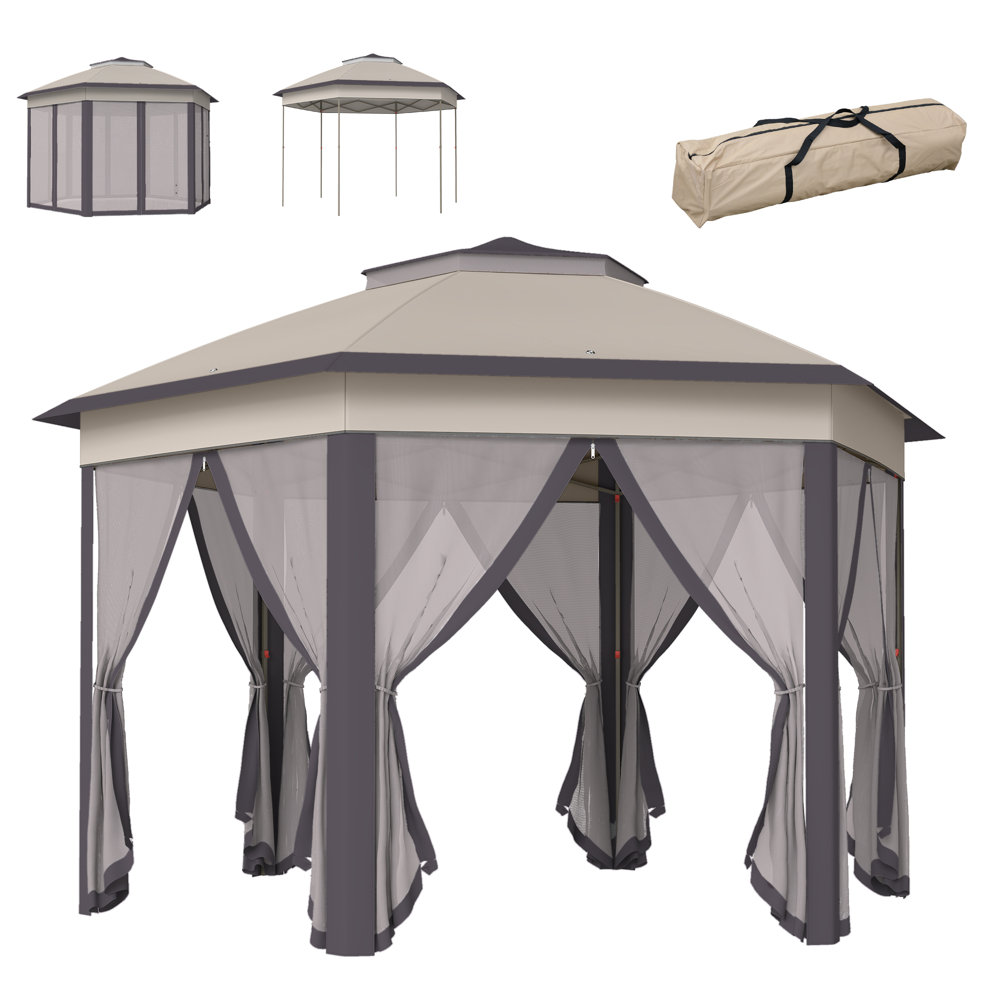Outsunny 4x4m Hexagonal Pop-Up Garden Gazebo, Instant Setup Patio Shelter with Double-Tier Roof & Mosquito Netting, Beige   Aosom UK