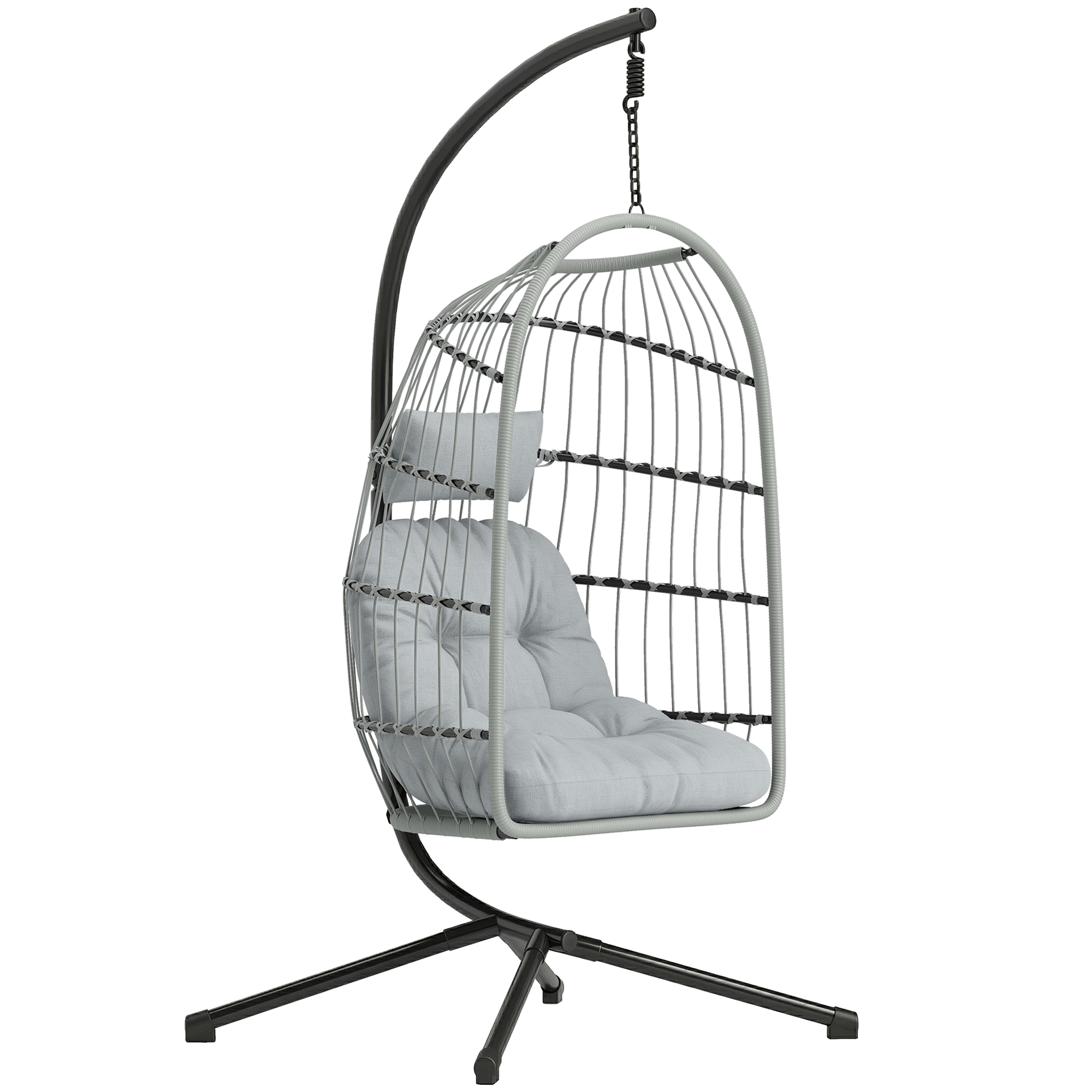 Outsunny Hanging Egg Chair, Indoor Outdoor Hammock Swing Chair with Stand, Safety Strap, Foldable Basket, Light Grey
