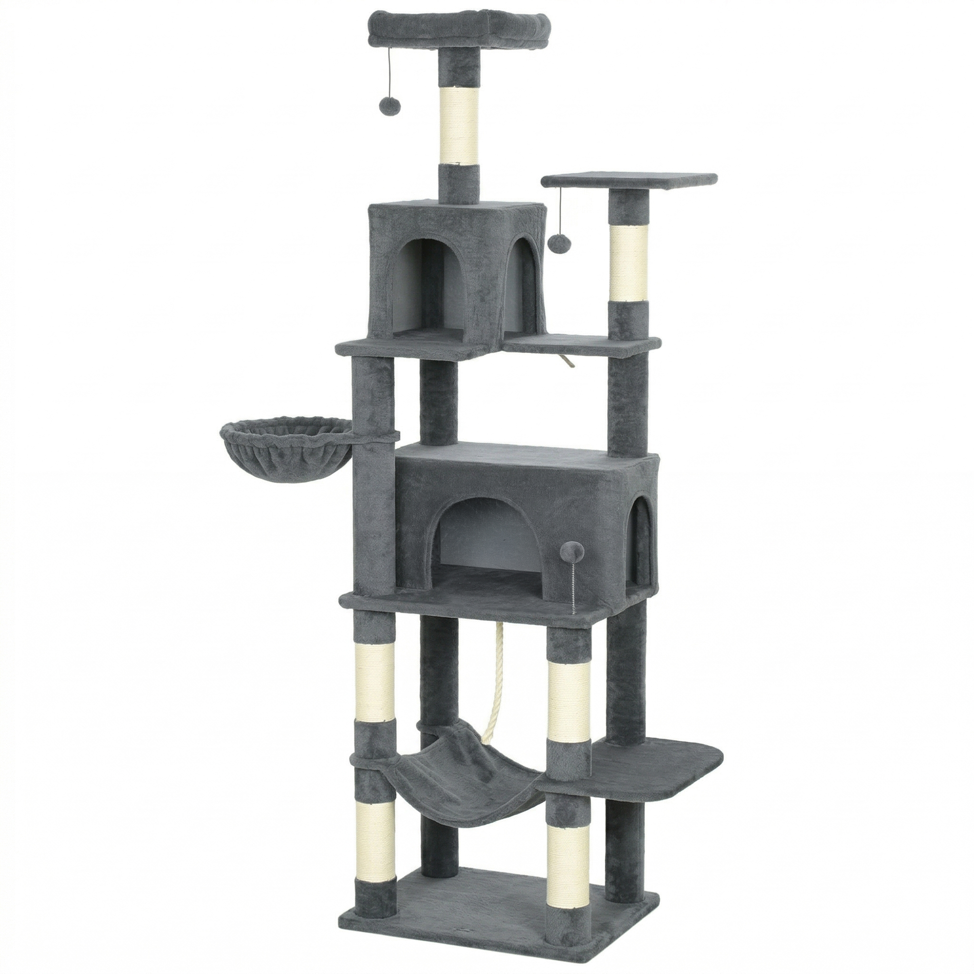 PawHut Arborele pentru Pisici mare, 202 cm, cu 6 Stâlpi de Zgâriat, 2 Hamace, 2 Stinghii, 2 Pompoane, Gri inchis | Aosom Romania