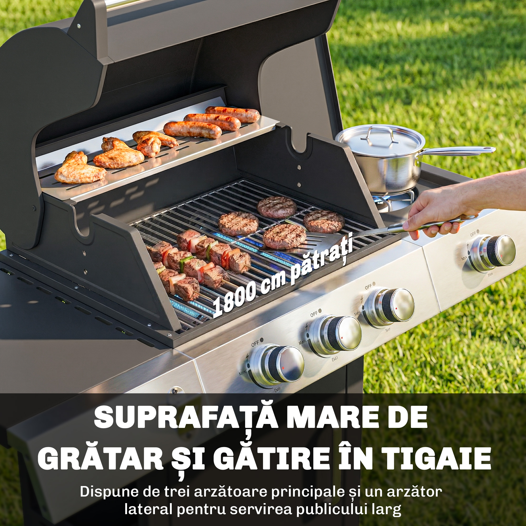  Gratar pe Gaz, 3 Arzatoare, Arzator Lateral, Gratare din Fonta, Rafturi Laterale Incluse. [3]