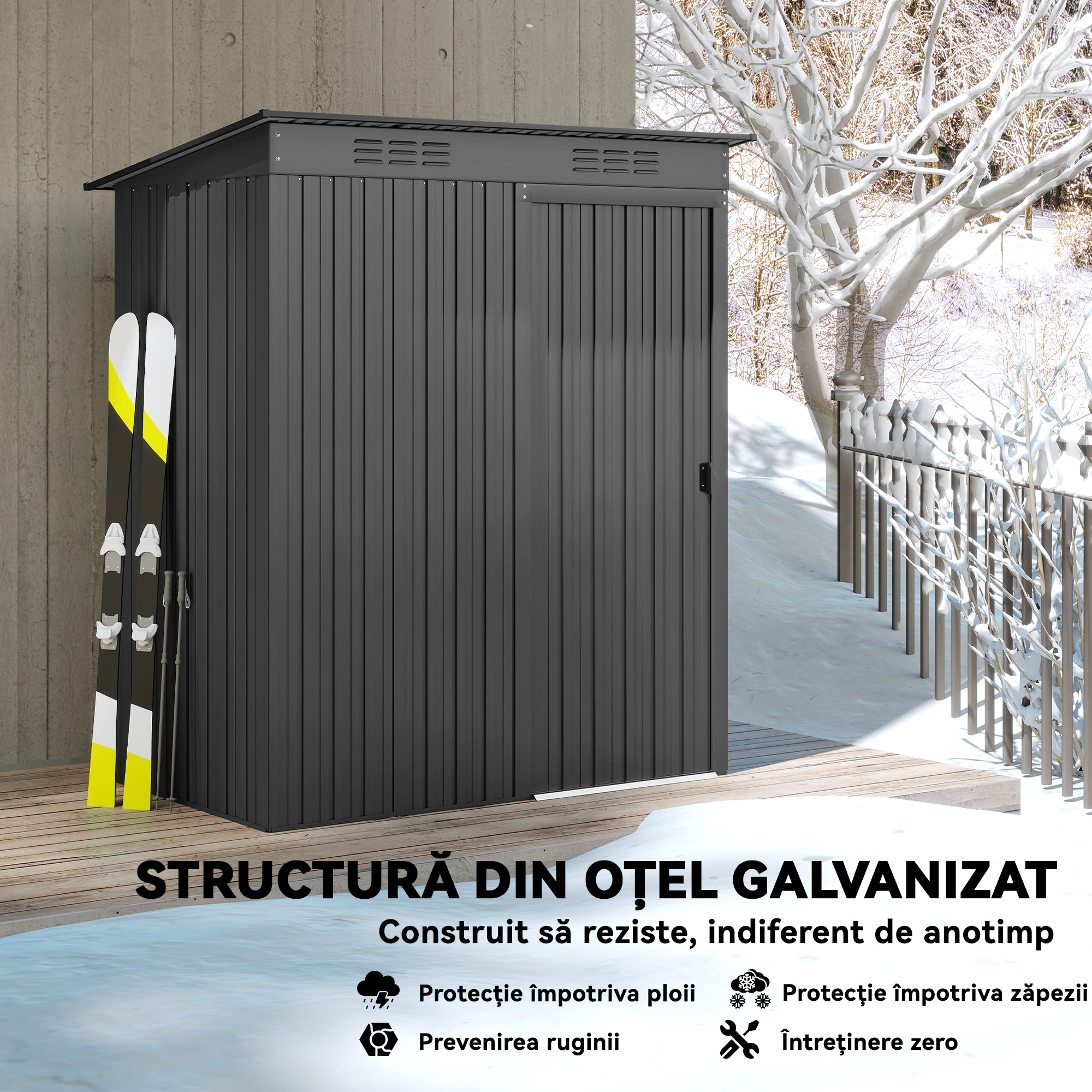  Magazie de Gradina 1.37m² din Metal, Montaj Simplu, Magazie pentru Unelte de Gradina cu Fante de Aerisire, Usa Culisanta, Acoperis inclinat si Manusi, 159x106x181 cm, Gri inchis [4]