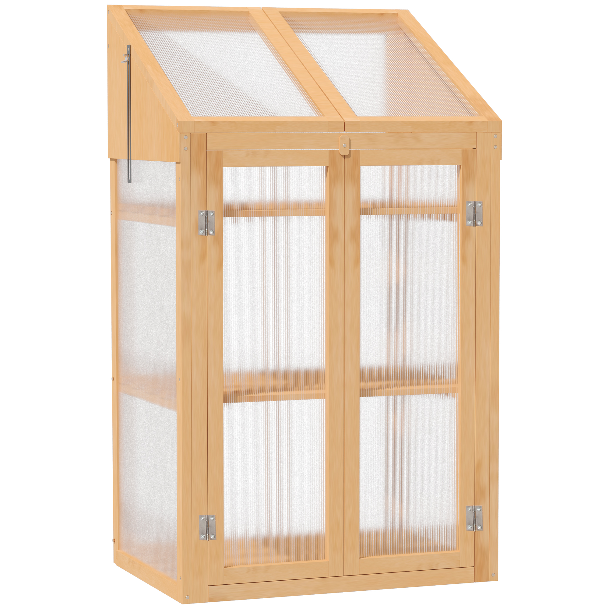 Outsunny Mini szklarnia, mała szklarnia z ramą drewnianą, oknami i podwójnymi drzwiami, 3 półki, 70Dł x 50Szer x 120Wys cm, Brązowa