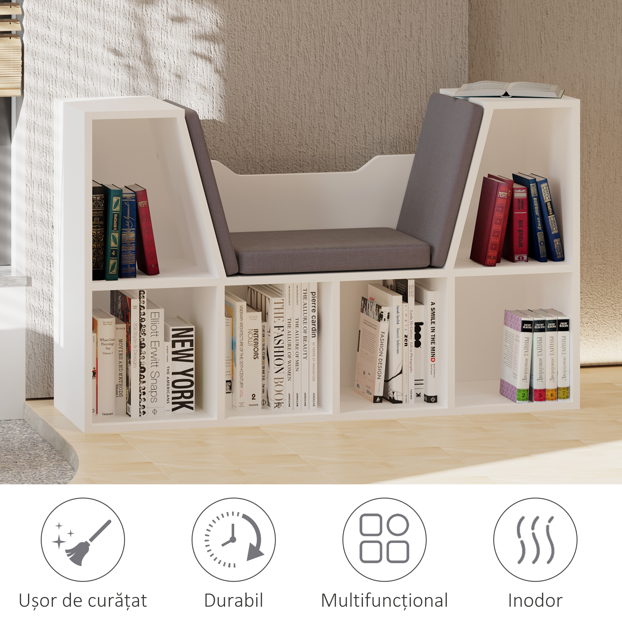  Biblioteca Raft 2 in 1 cu Perne Moi si 6 Compartimente, Mobilier Multifunctional pentru Carti si Jocuri, Raft cu 6 Cuburi pentru Living, Dormitor si Birou, 102x30x61 cm, Alb [6]