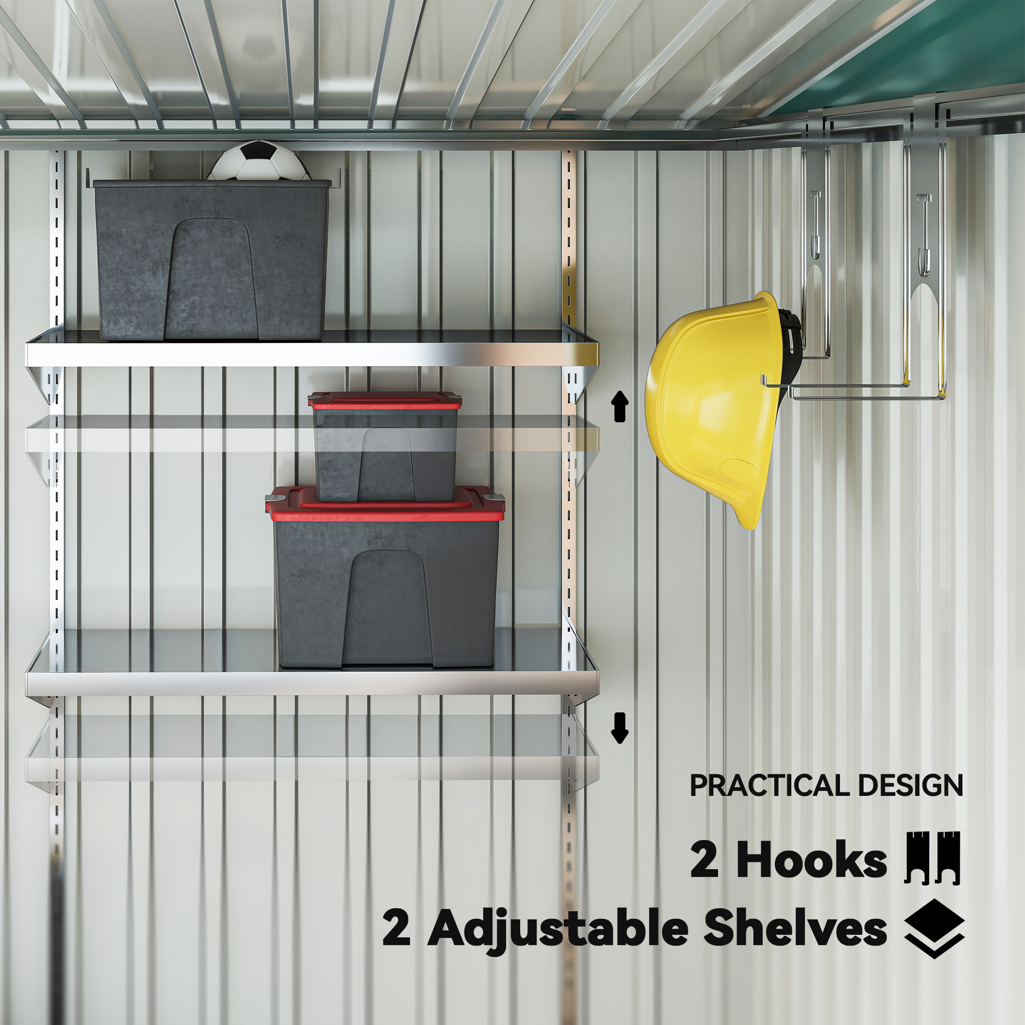  Depozit pentru Unelte din Metal 1.5x2m cu Baza, Usa Glisanta si Acoperis inclinat, Verde [4]