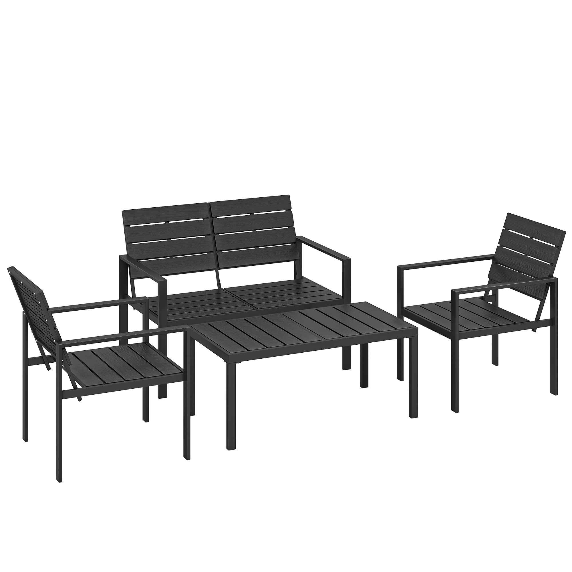 Outsunny Zestaw Mebli Ogrodowych dla 4 Osób Sofa Dwuosobowa 2 Fotele Stolik Kawowy Design z Listwami Czarny | Aosom PL