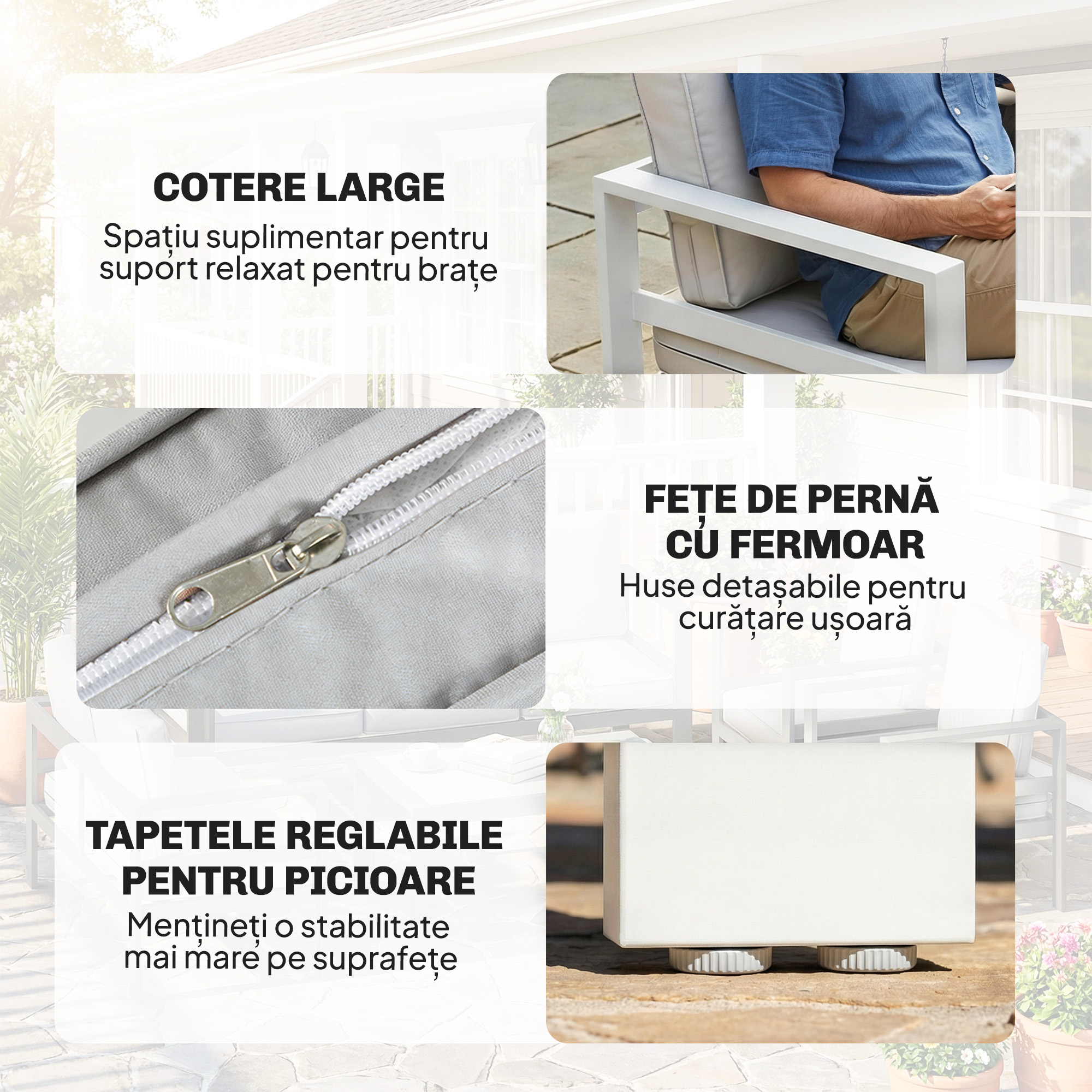  Mobilier de Gradina din Aluminiu cu Canapea 3 Locuri, 2 Fotolii si Masa pentru Exterior, Alb [7]