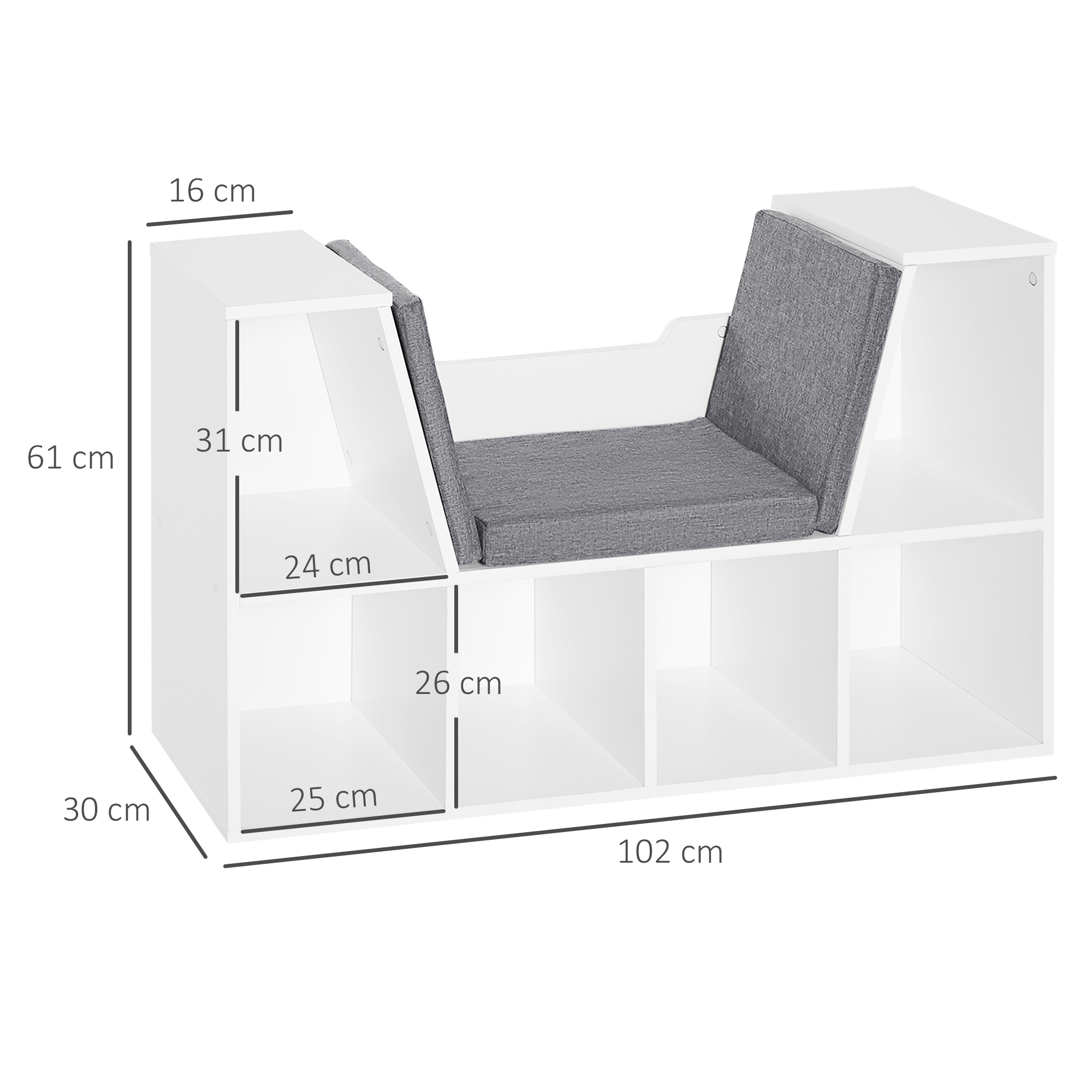  Biblioteca Raft 2 in 1 cu Perne Moi si 6 Compartimente, Mobilier Multifunctional pentru Carti si Jocuri, Raft cu 6 Cuburi pentru Living, Dormitor si Birou, 102x30x61 cm, Alb [2]