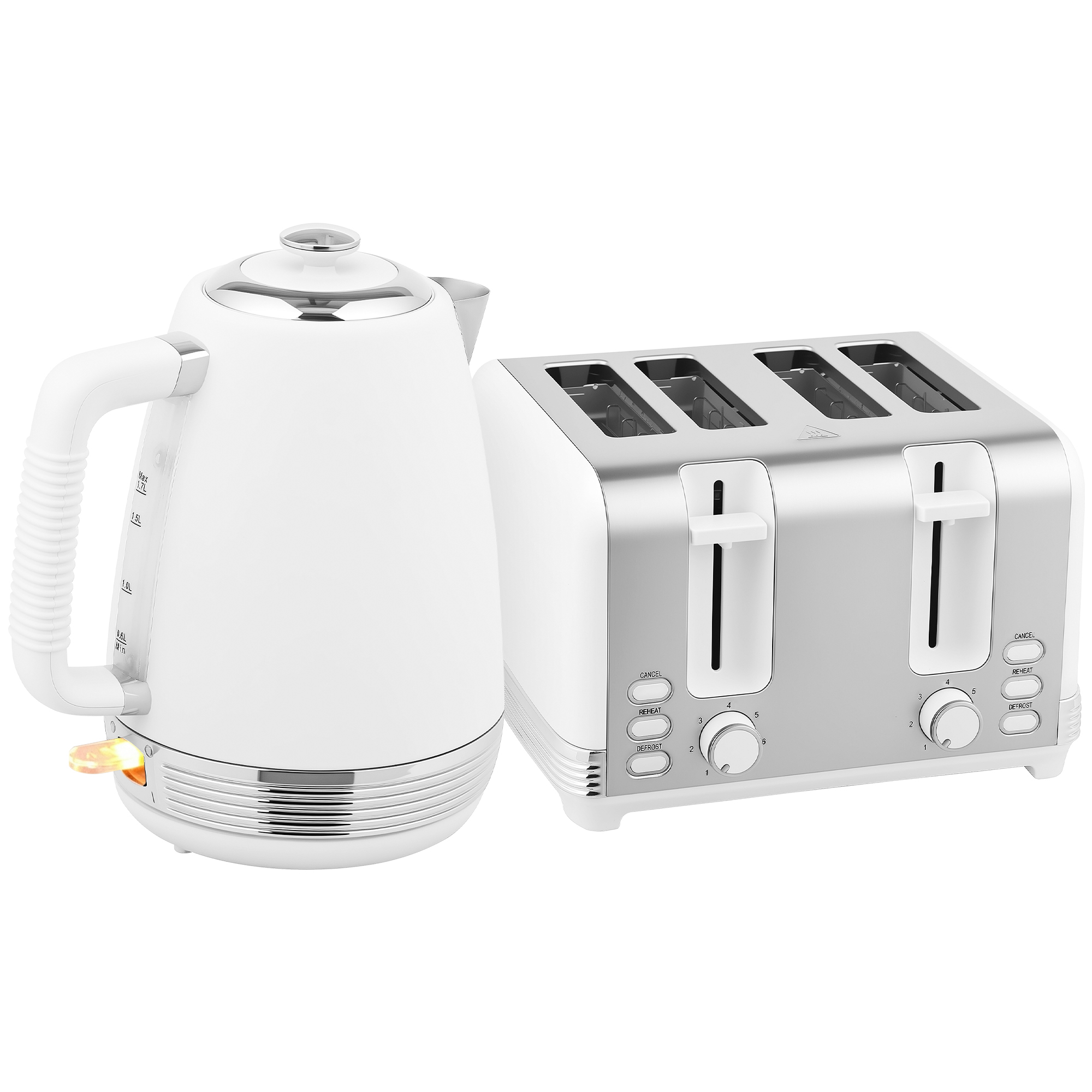 HOMCOM Stainless Steel Kettle and Toaster Set, 1.7L 3000W Rapid Boil Jug Kettle with UK Strix Thermostat, Limescale Filter, 4 Slice Toaster with 7 Browning Controls, Crumb Tray, White and Silver Tone