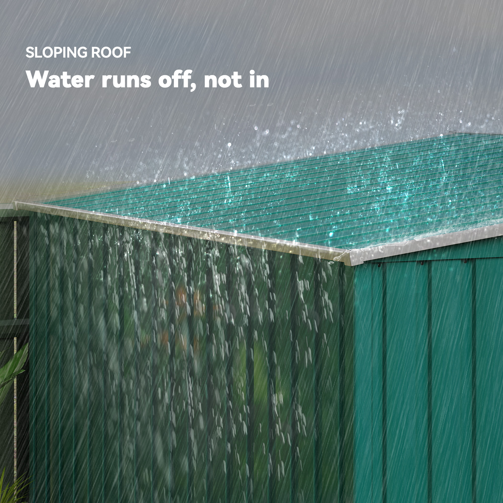  Depozit pentru Unelte din Metal 1.5x2m cu Baza, Usa Glisanta si Acoperis inclinat, Verde [6]