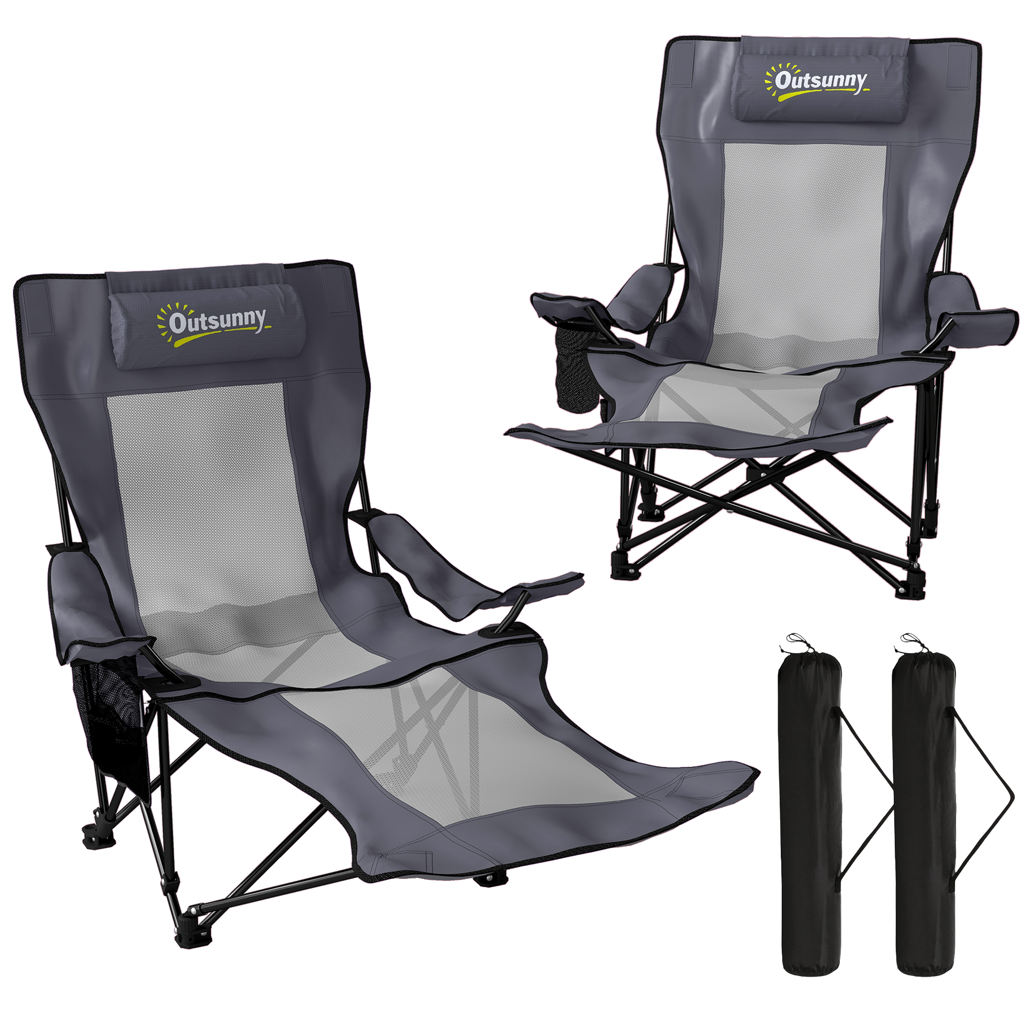 Outsunny 2-delige set opvouwbare campingstoelen met verstelbare rugleuning, voetsteun, bekerhouder, hoofdsteun, donkergrijs