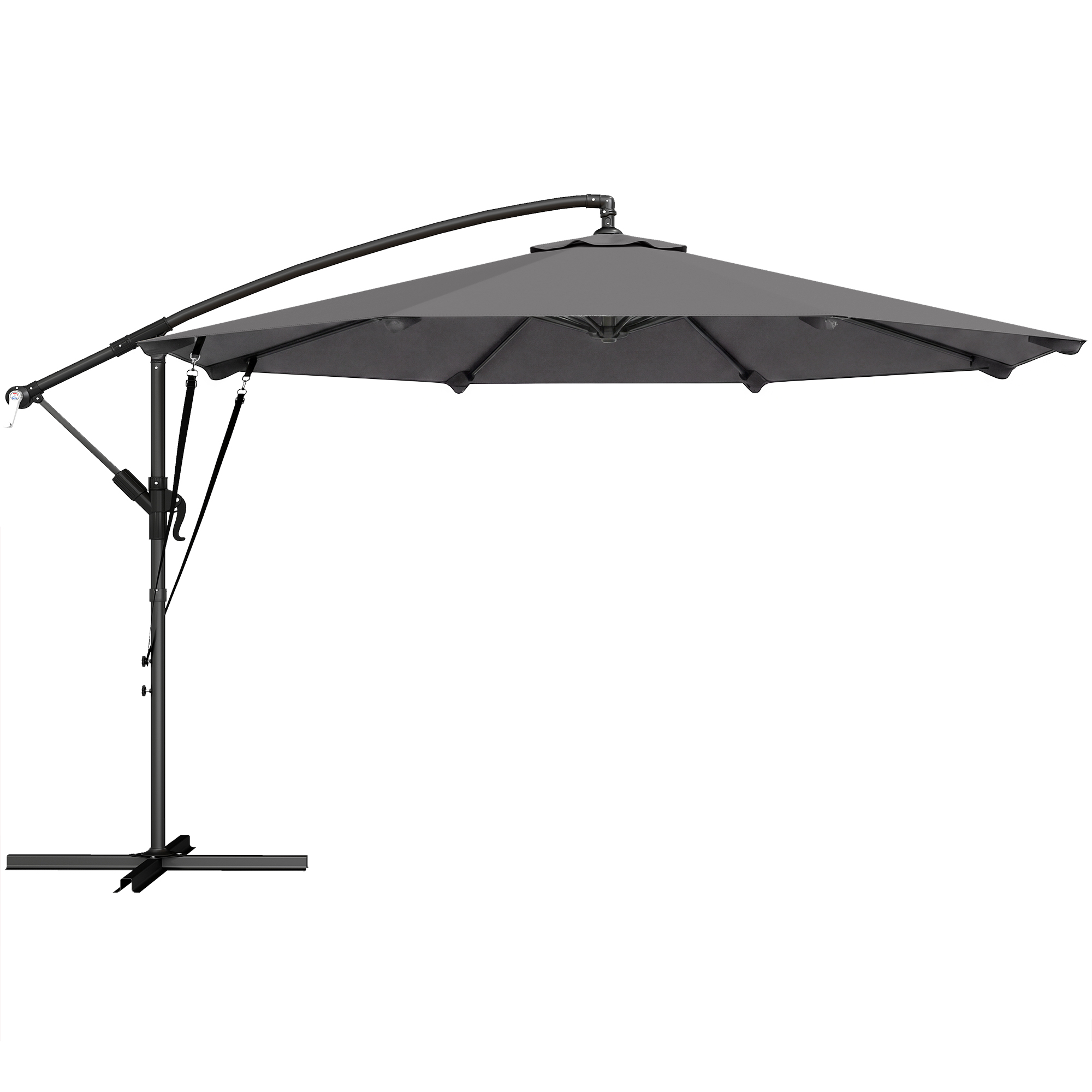 Outsunny Parasol boczny Ø300 cm regulowany z korbą, linkami wiatrowymi i pokrowcem, ciemnoszary | Aosom PL