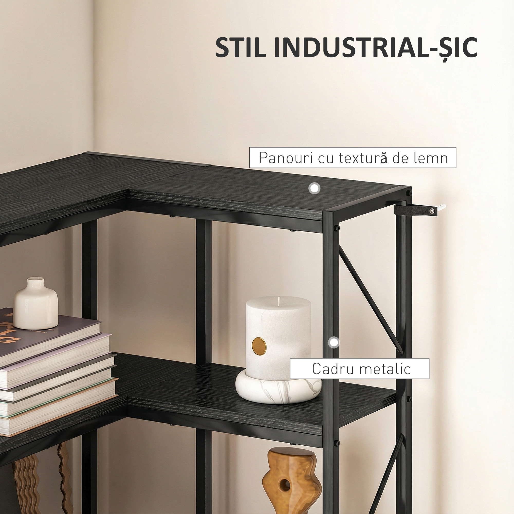  Biblioteca Coltar cu 7 Rafturi, Stil Industrial, Efect Lemn Negru [4]