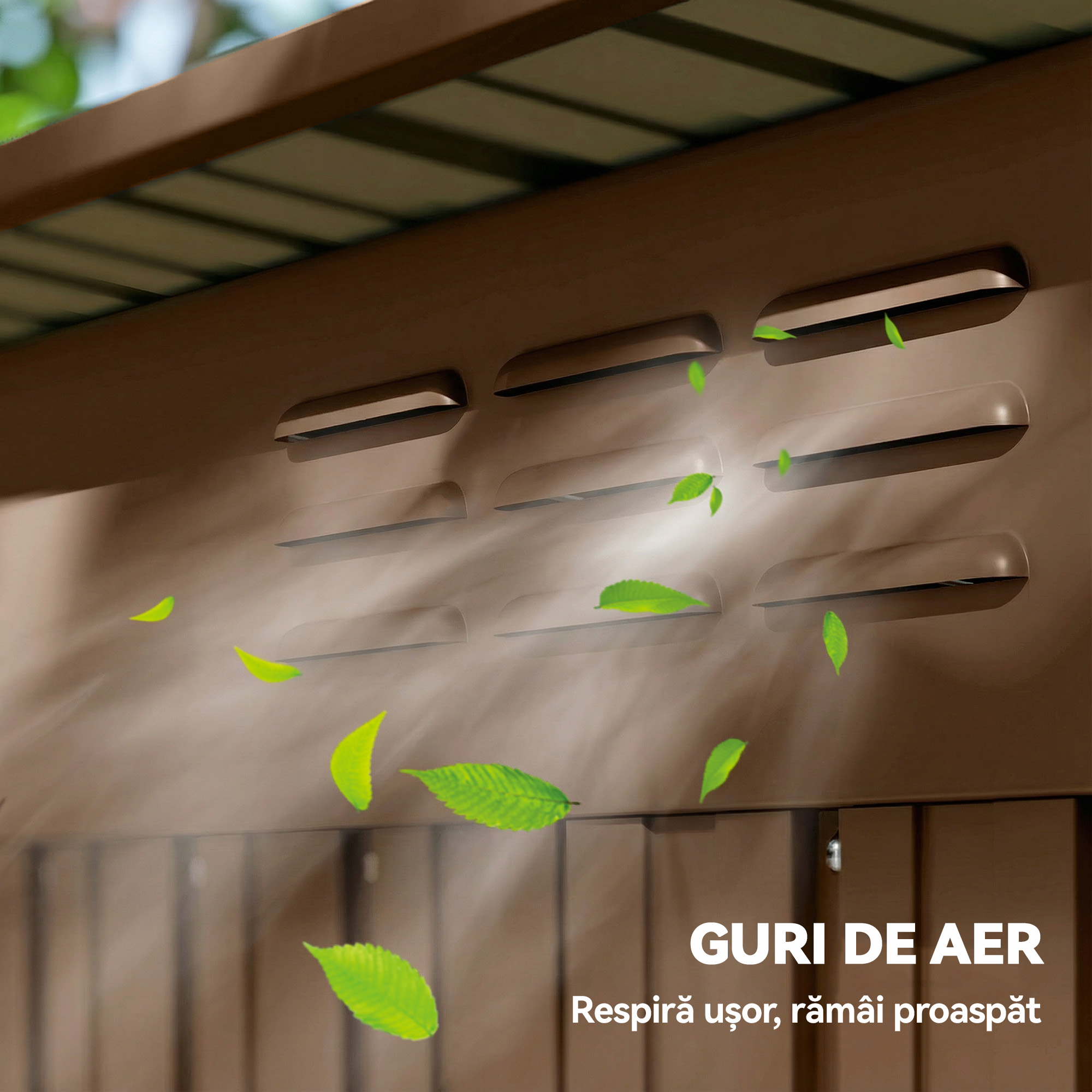  Casuta de Gradina 1.37m² din Metal, Montaj Usor, Casuta pentru Unelte de Gradina cu Orificii de Aerisire, Usa Glisanta, Acoperis inclinat si Manusi, 159x106x181 cm, Maro [7]