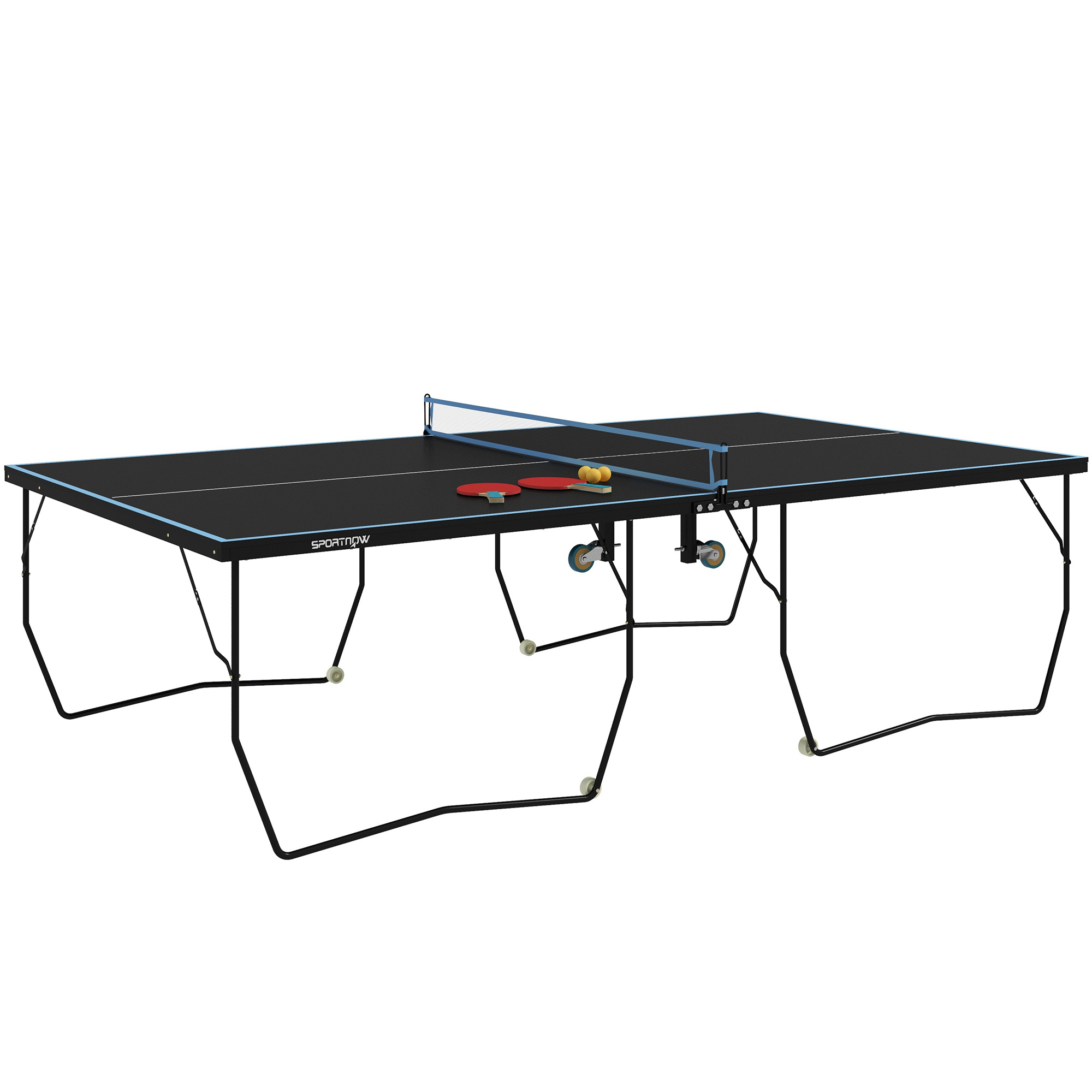 SPORTNOW Stół do Tenisa Stołowego, Składany, 8 Kółek, Rama Malowana Proszkowo, MDF, 274 x 152,5 x 76 cm, Czarny